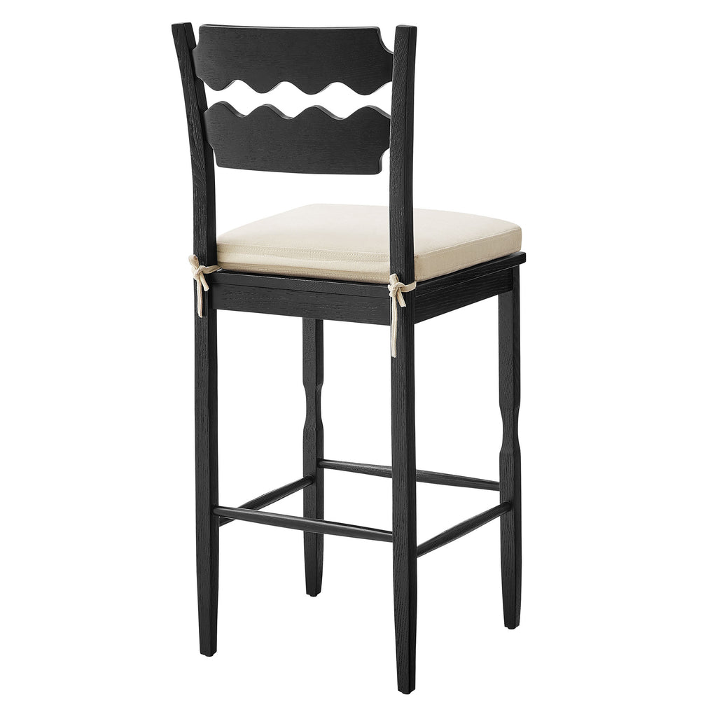 Jax Oak Wood Bar Stool With Wavy Razor Back and Cushion - Black Linen