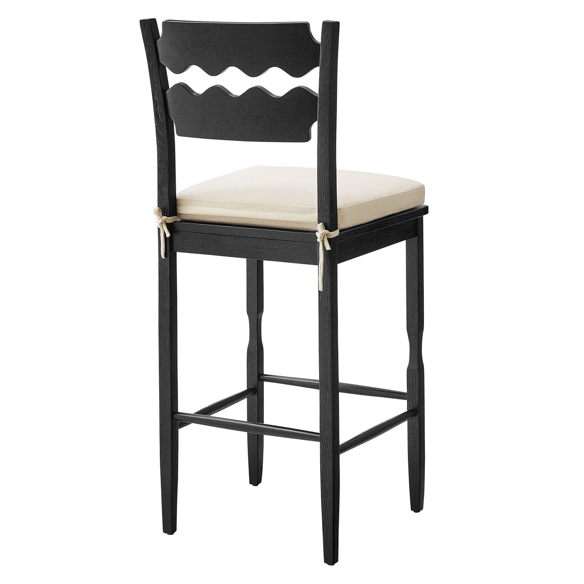 Jax Oak Wood Bar Stool With Wavy Razor Back and Cushion - Black Linen