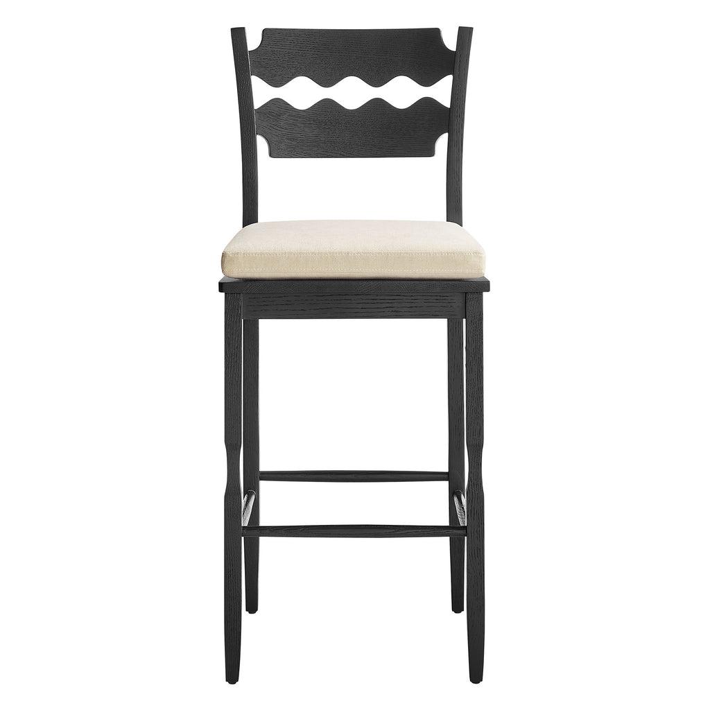 Jax Oak Wood Bar Stool With Wavy Razor Back and Cushion - Black Linen