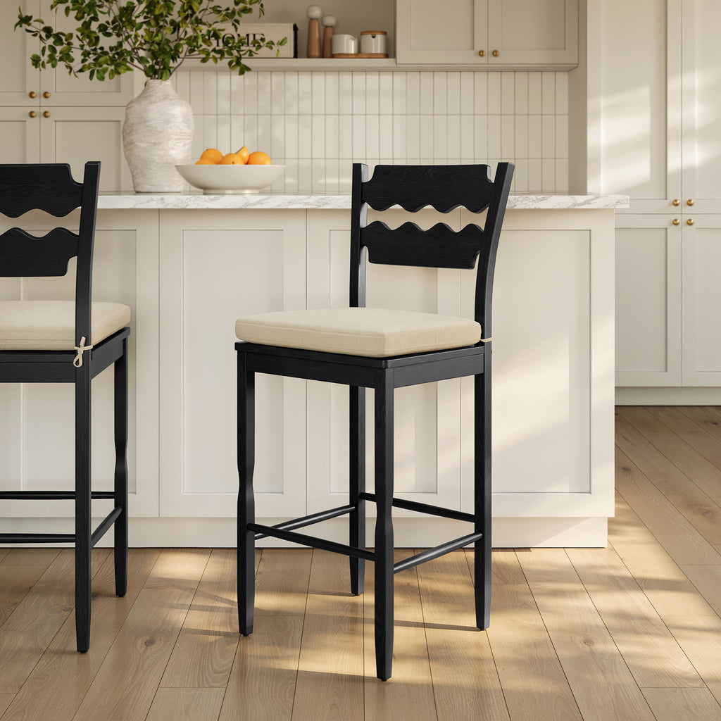 Jax Oak Wood Bar Stool With Wavy Razor Back and Cushion - Black Linen