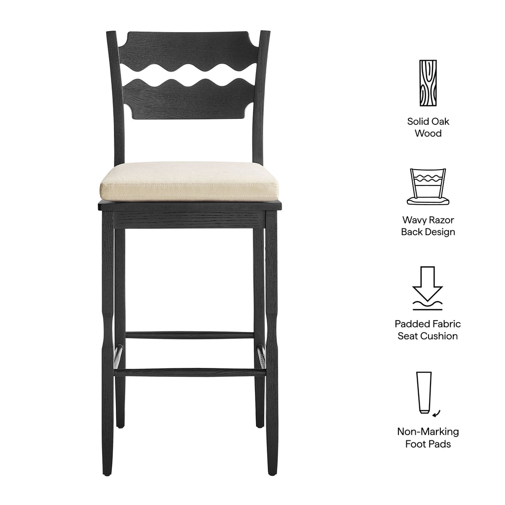 Jax Oak Wood Bar Stool With Wavy Razor Back and Cushion - Black Linen