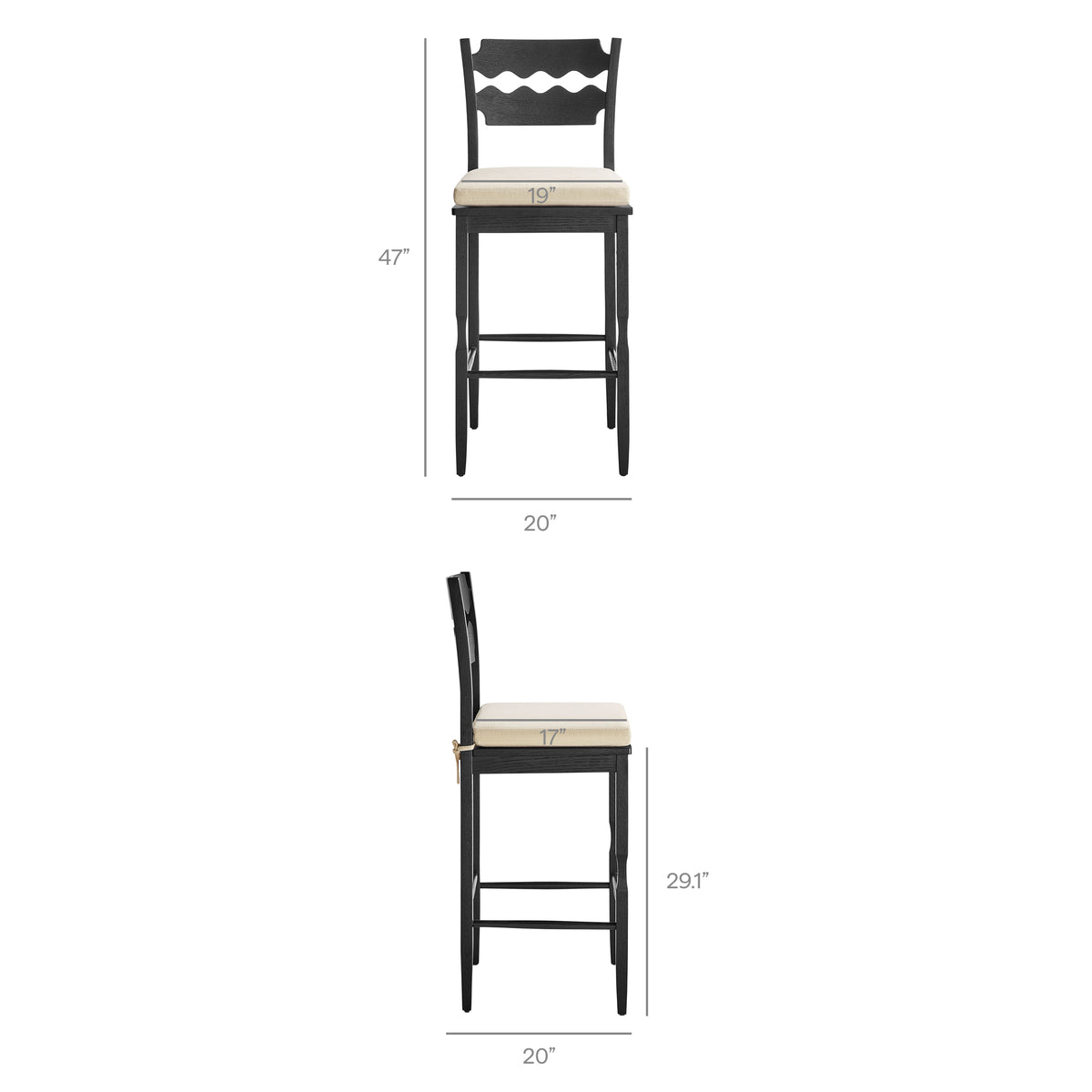 Jax Oak Wood Bar Stool With Wavy Razor Back and Cushion - Black Linen