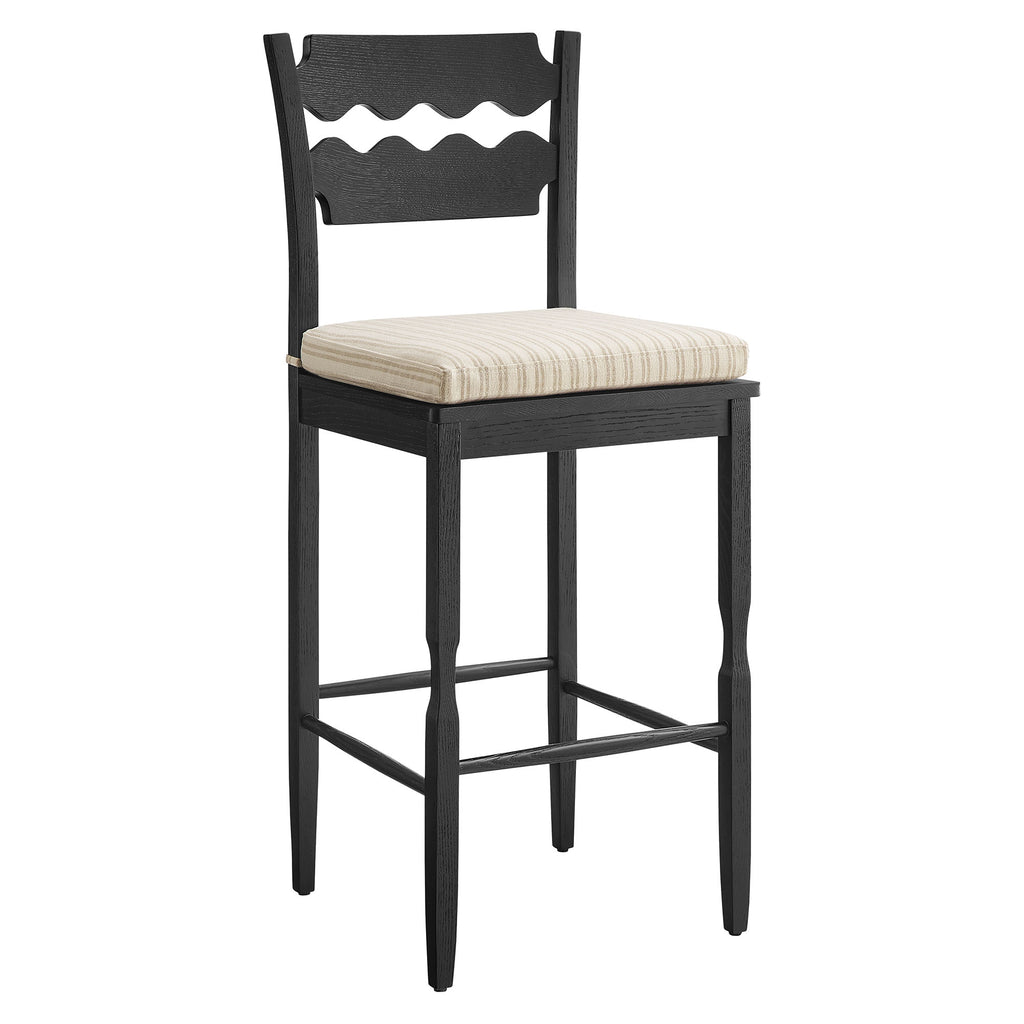 Jax Oak Wood Bar Stool With Wavy Razor Back and Cushion - Black Oatmeal Stripe