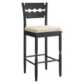 Jax Oak Wood Bar Stool With Wavy Razor Back and Cushion - Black Oatmeal Stripe