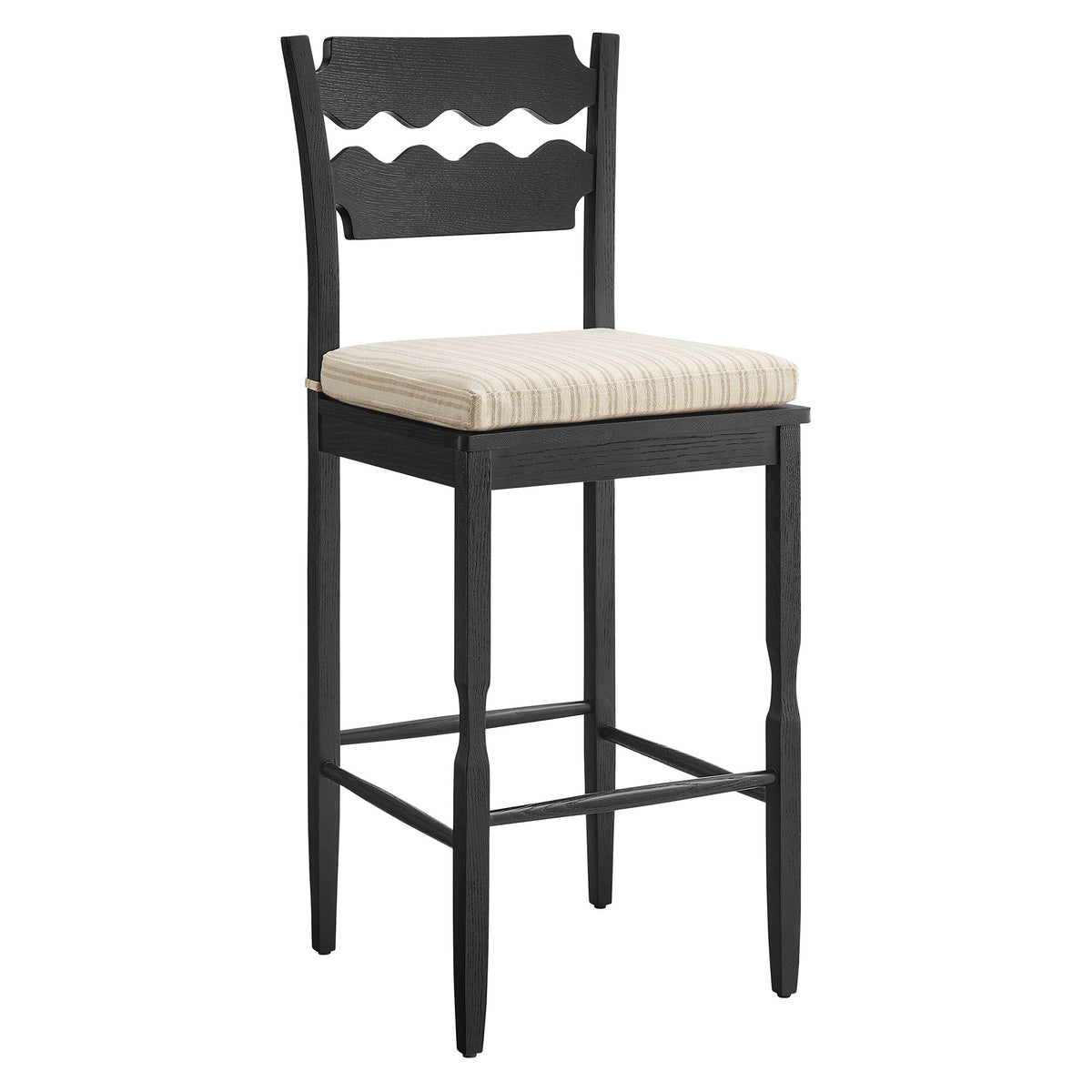 Jax Oak Wood Bar Stool With Wavy Razor Back and Cushion - Black Oatmeal Stripe