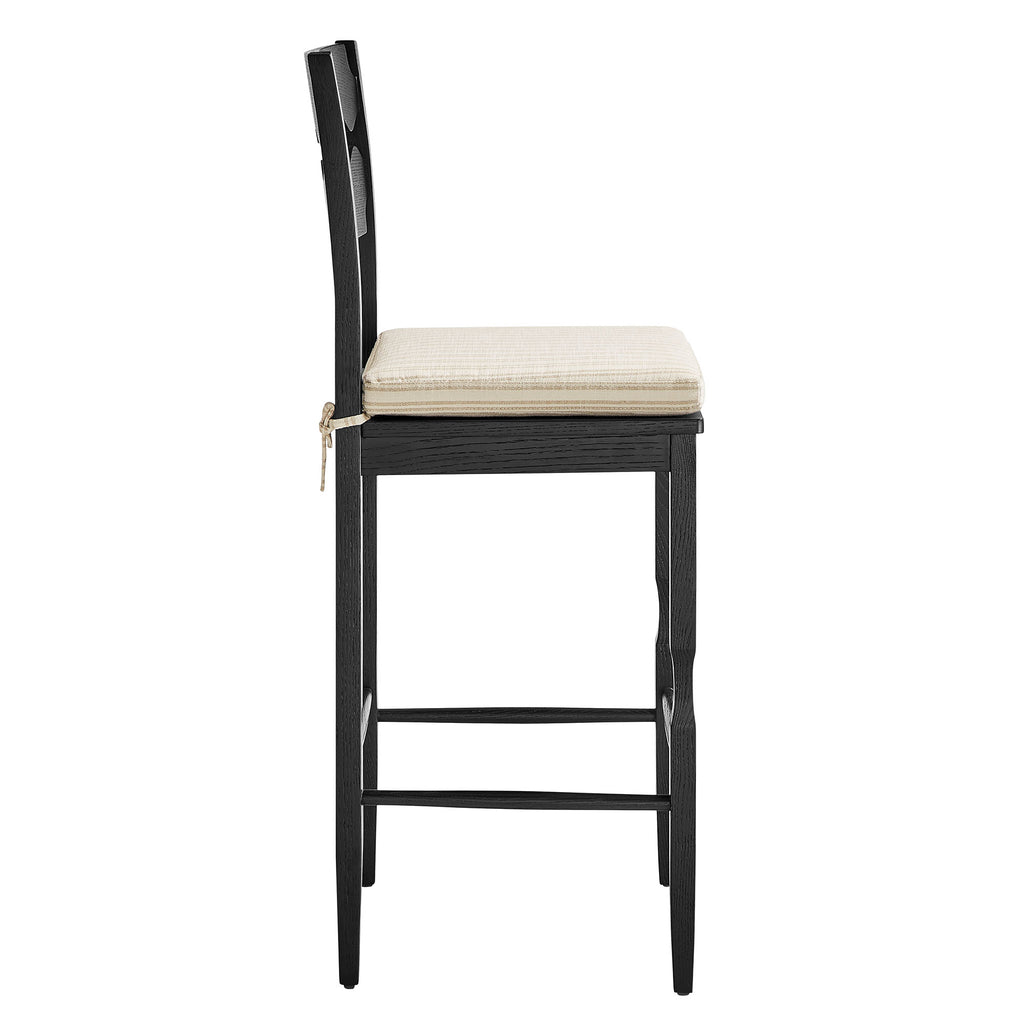 Jax Oak Wood Bar Stool With Wavy Razor Back and Cushion - Black Oatmeal Stripe