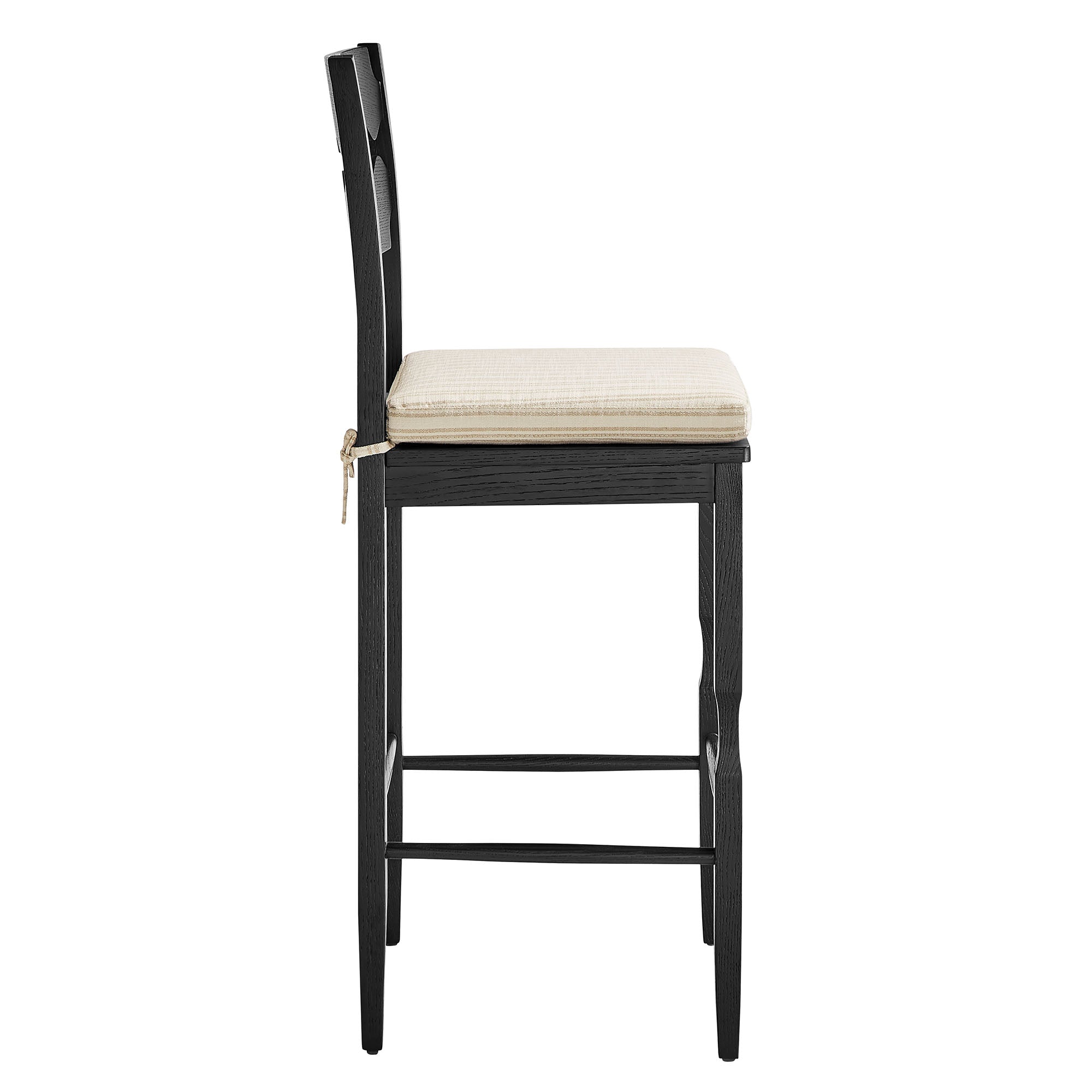Jax Oak Wood Bar Stool With Wavy Razor Back and Cushion - Black Oatmeal Stripe