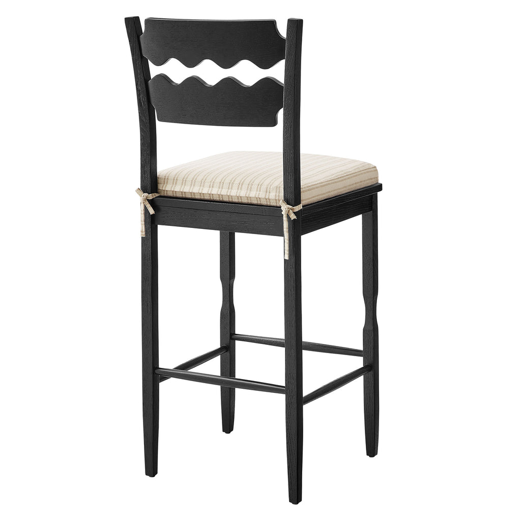 Jax Oak Wood Bar Stool With Wavy Razor Back and Cushion - Black Oatmeal Stripe