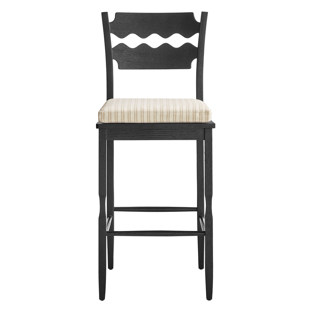 Jax Oak Wood Bar Stool With Wavy Razor Back and Cushion - Black Oatmeal Stripe