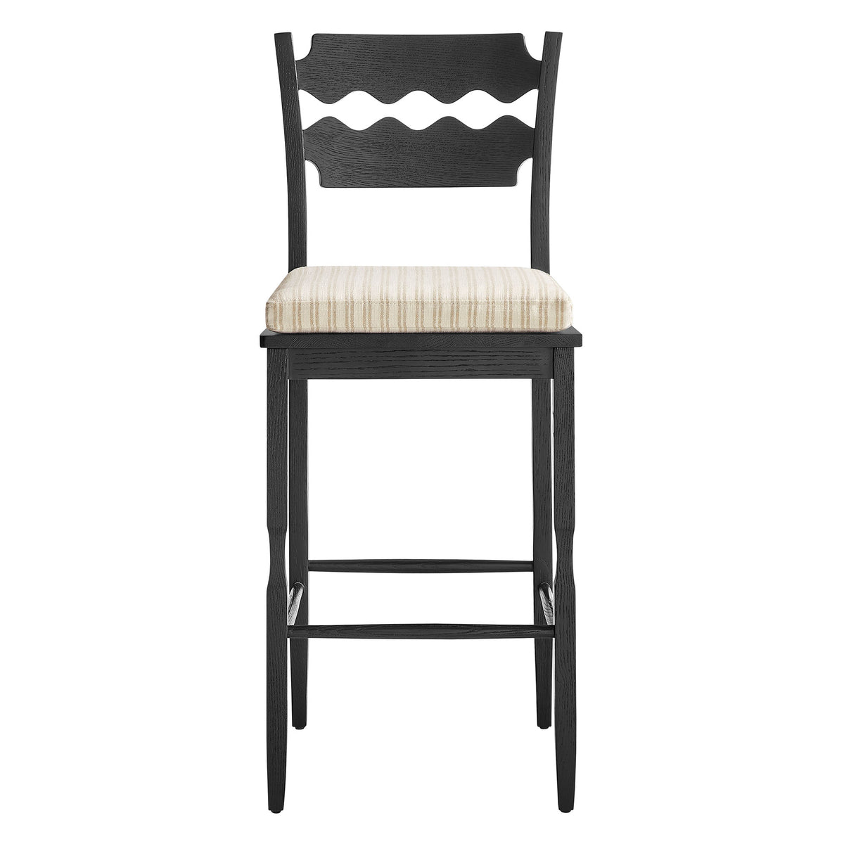 Jax Oak Wood Bar Stool With Wavy Razor Back and Cushion - Black Oatmeal Stripe