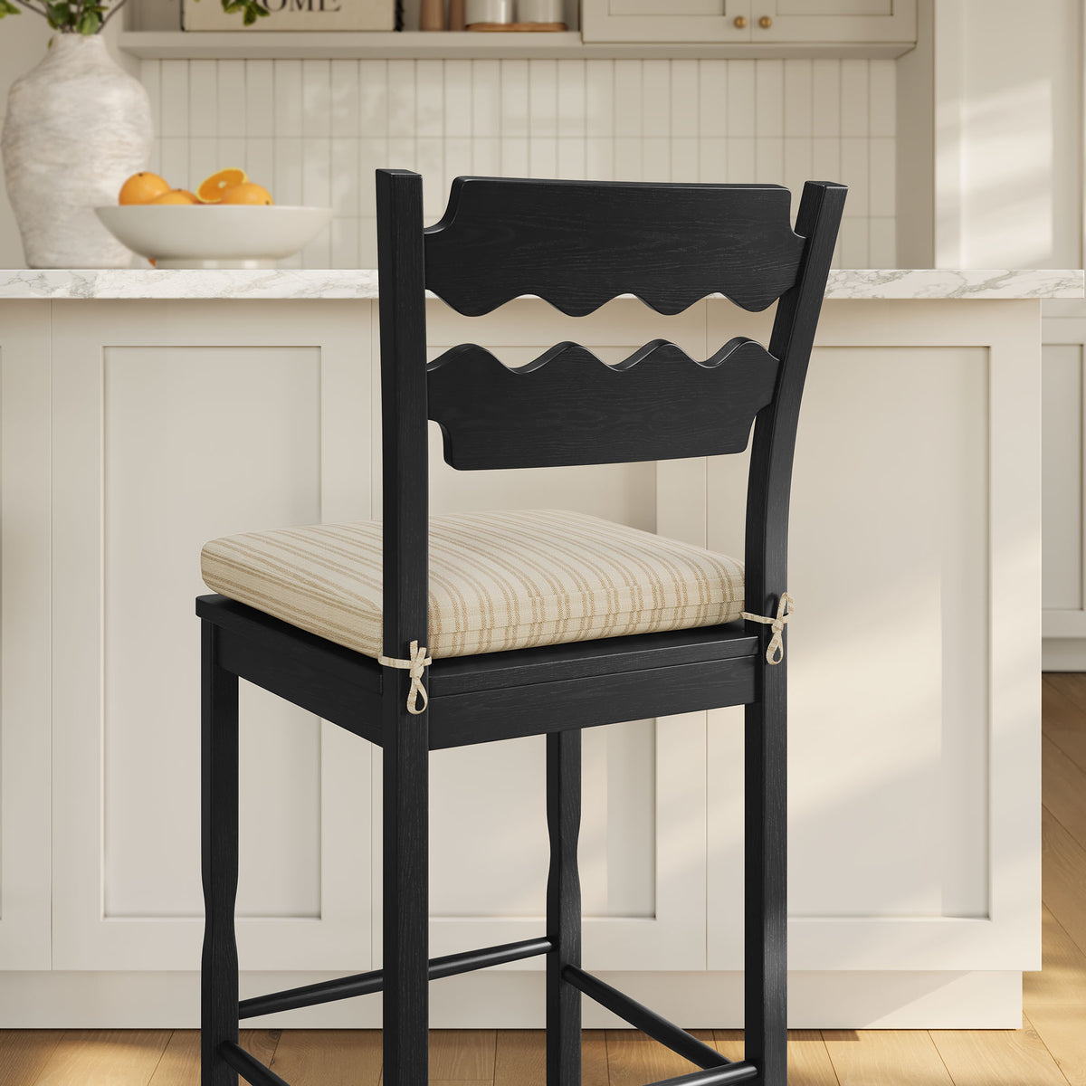 Jax Oak Wood Bar Stool With Wavy Razor Back and Cushion - Black Oatmeal Stripe