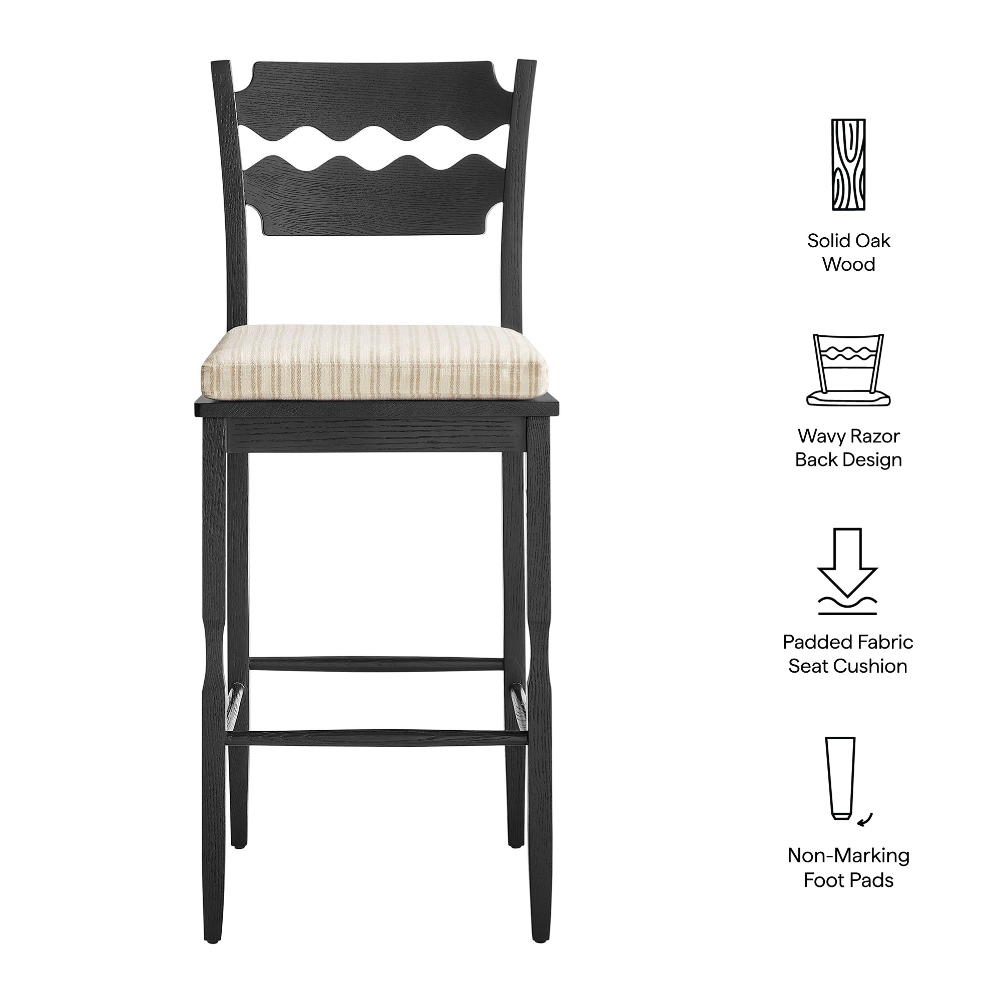 Jax Oak Wood Bar Stool With Wavy Razor Back and Cushion - Black Oatmeal Stripe