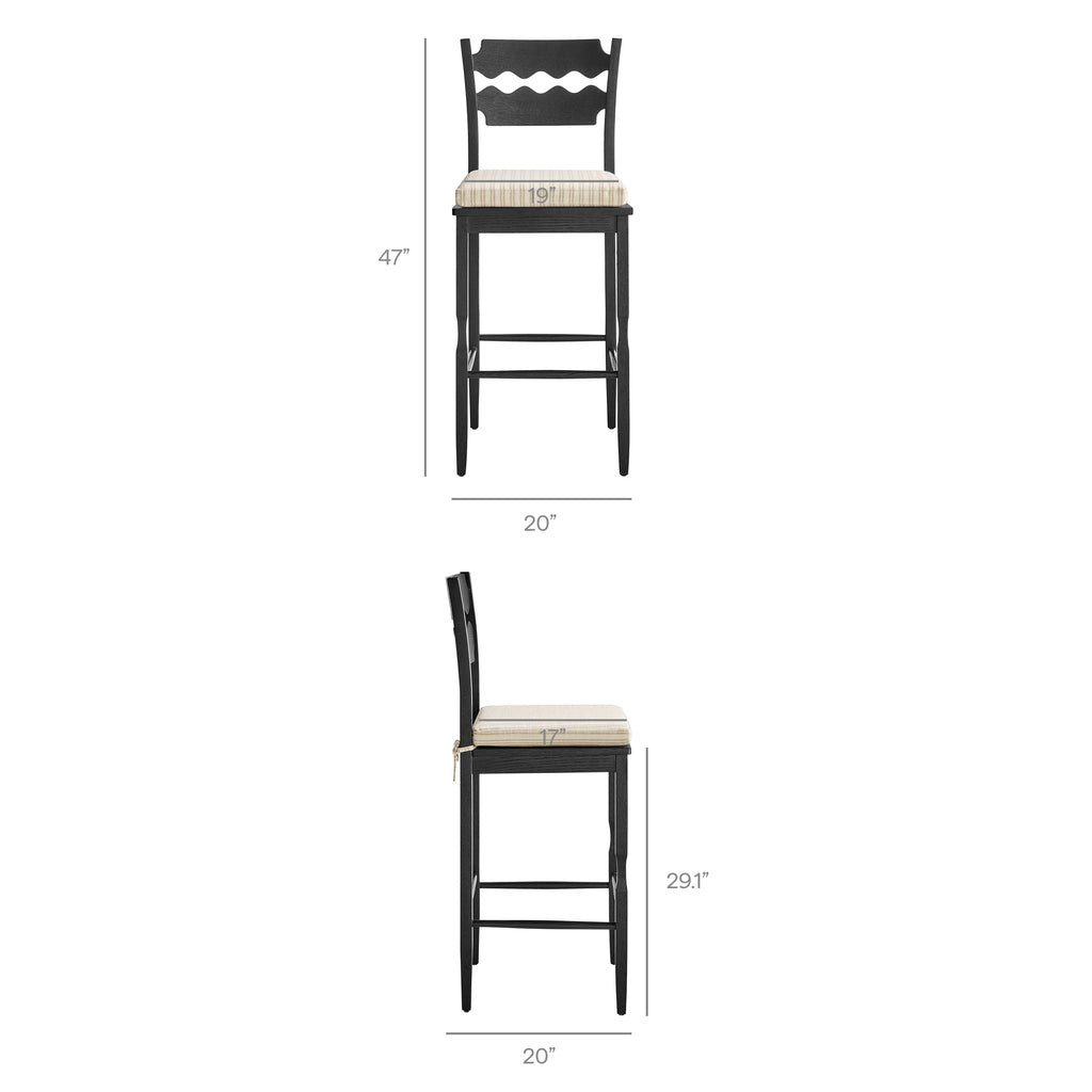 Jax Oak Wood Bar Stool With Wavy Razor Back and Cushion - Black Oatmeal Stripe