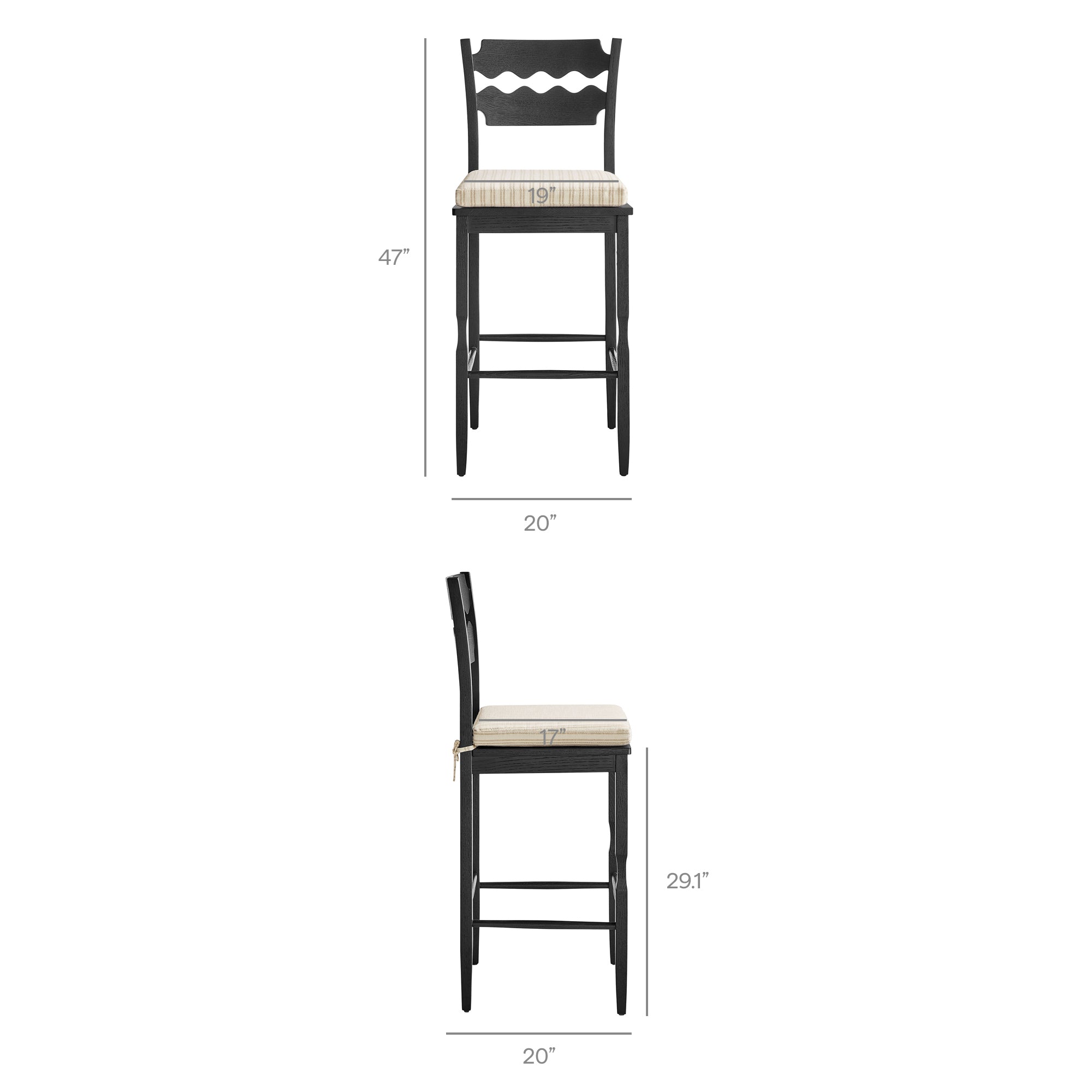 Jax Oak Wood Bar Stool With Wavy Razor Back and Cushion - Black Oatmeal Stripe