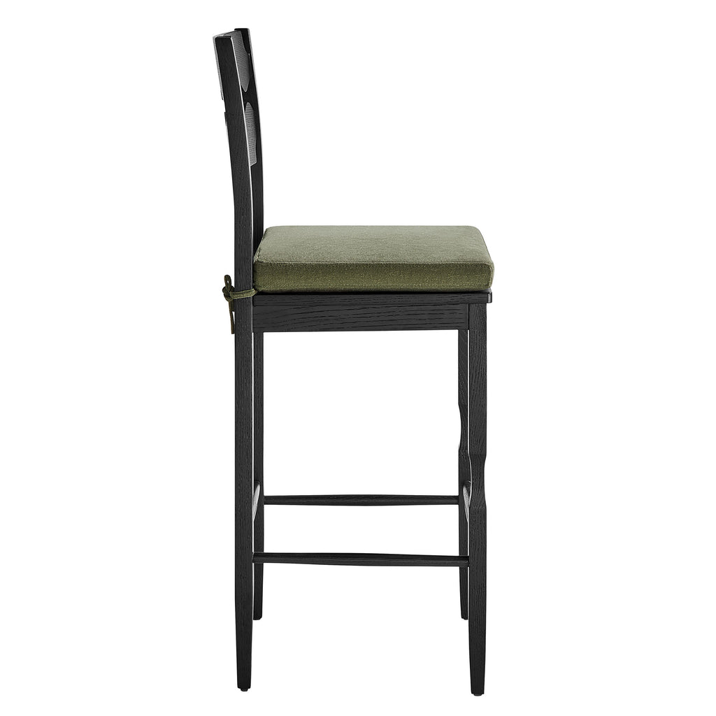 Jax Oak Wood Bar Stool With Wavy Razor Back and Cushion - Black Sage