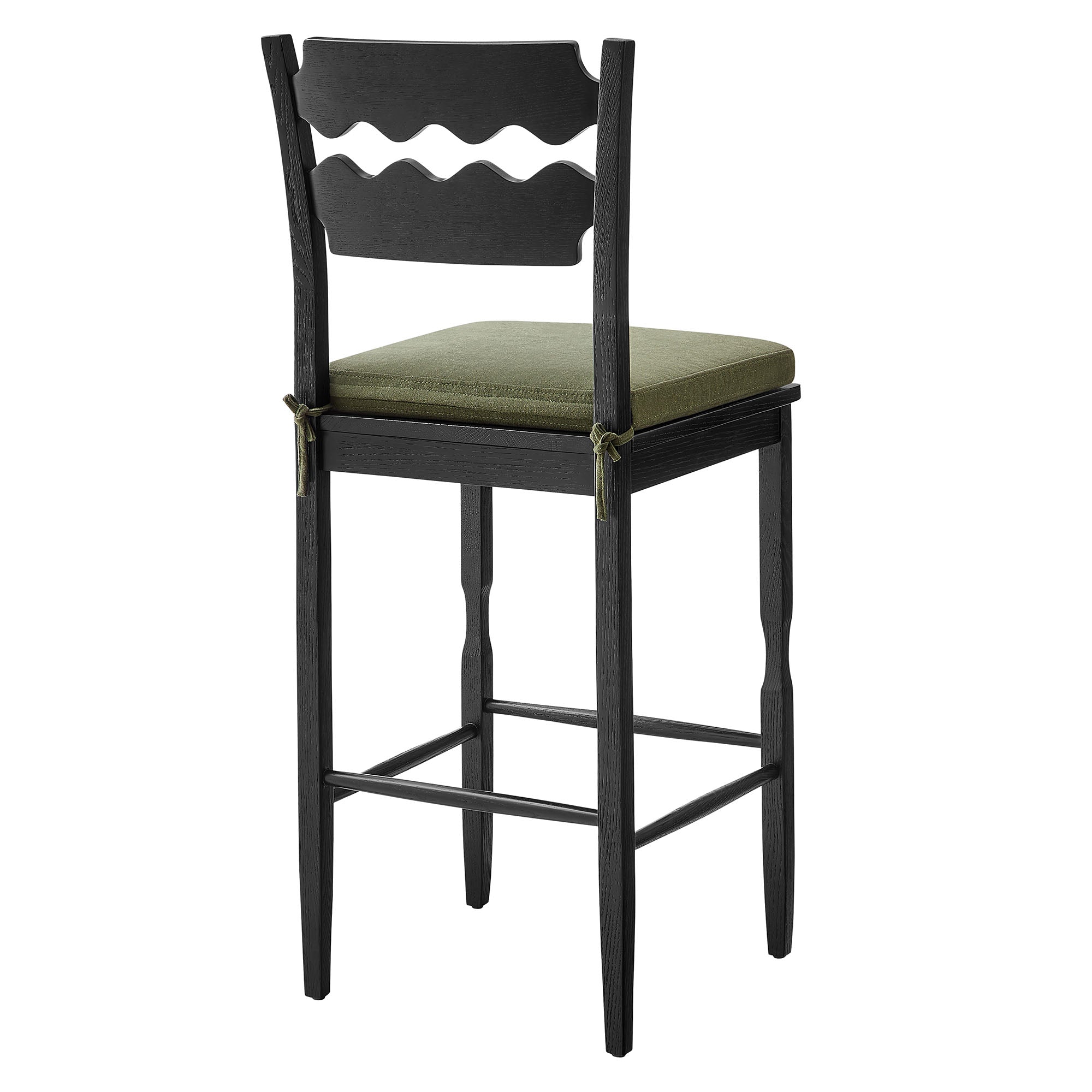 Jax Oak Wood Bar Stool With Wavy Razor Back and Cushion - Black Sage