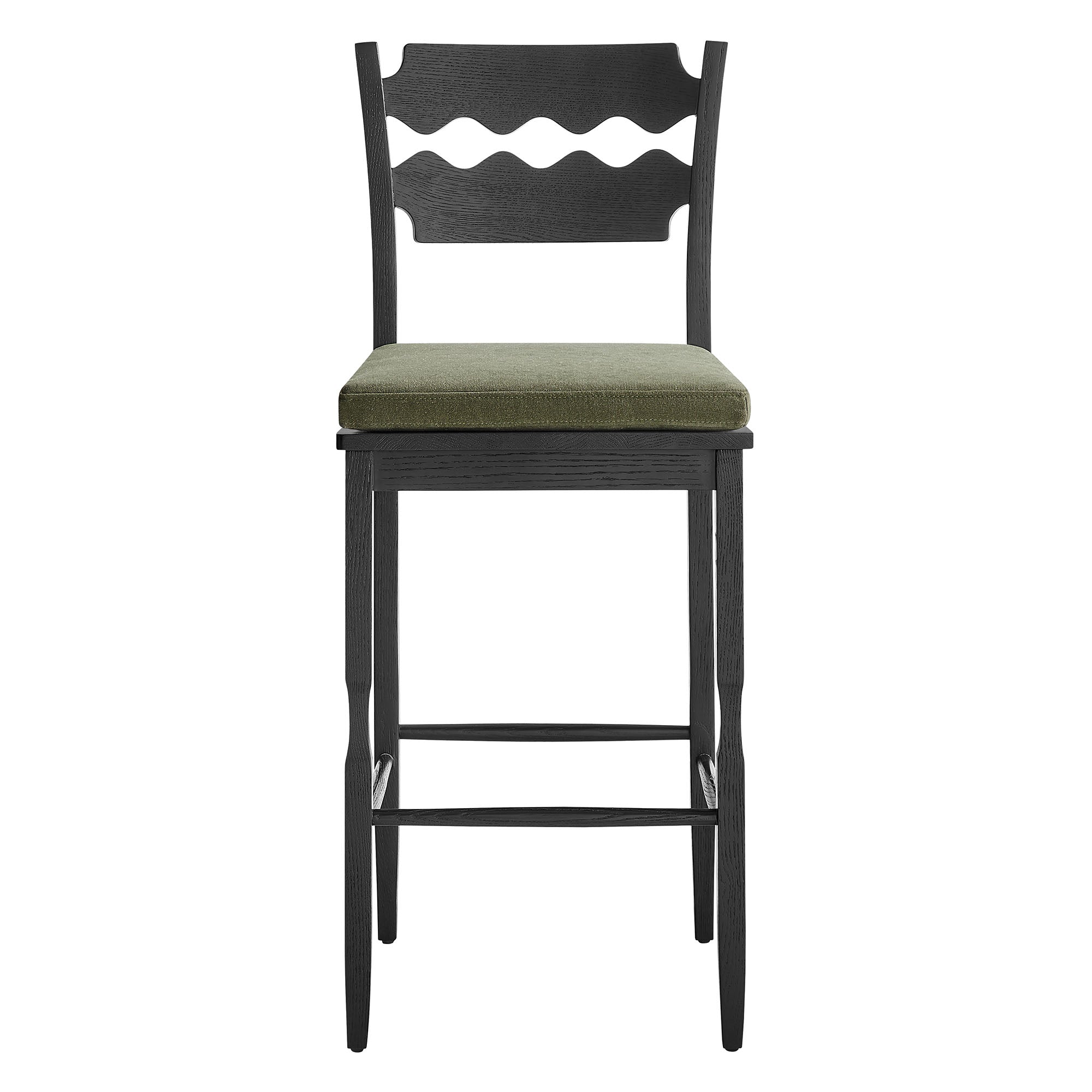 Jax Oak Wood Bar Stool With Wavy Razor Back and Cushion - Black Sage
