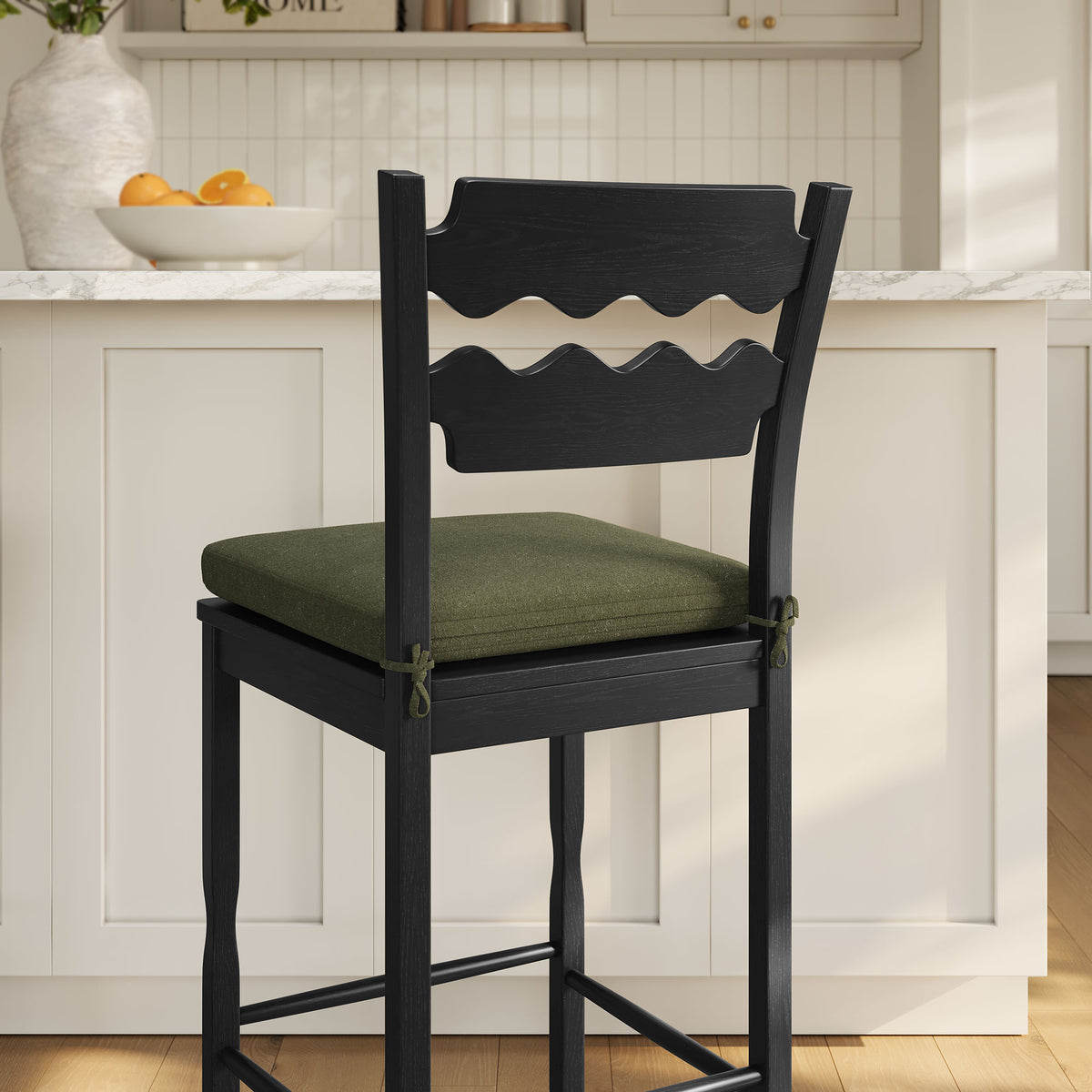 Jax Oak Wood Bar Stool With Wavy Razor Back and Cushion - Black Sage