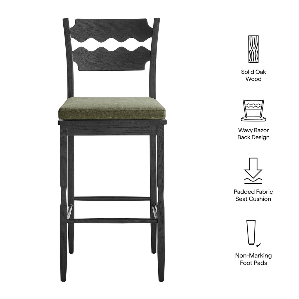Jax Oak Wood Bar Stool With Wavy Razor Back and Cushion - Black Sage