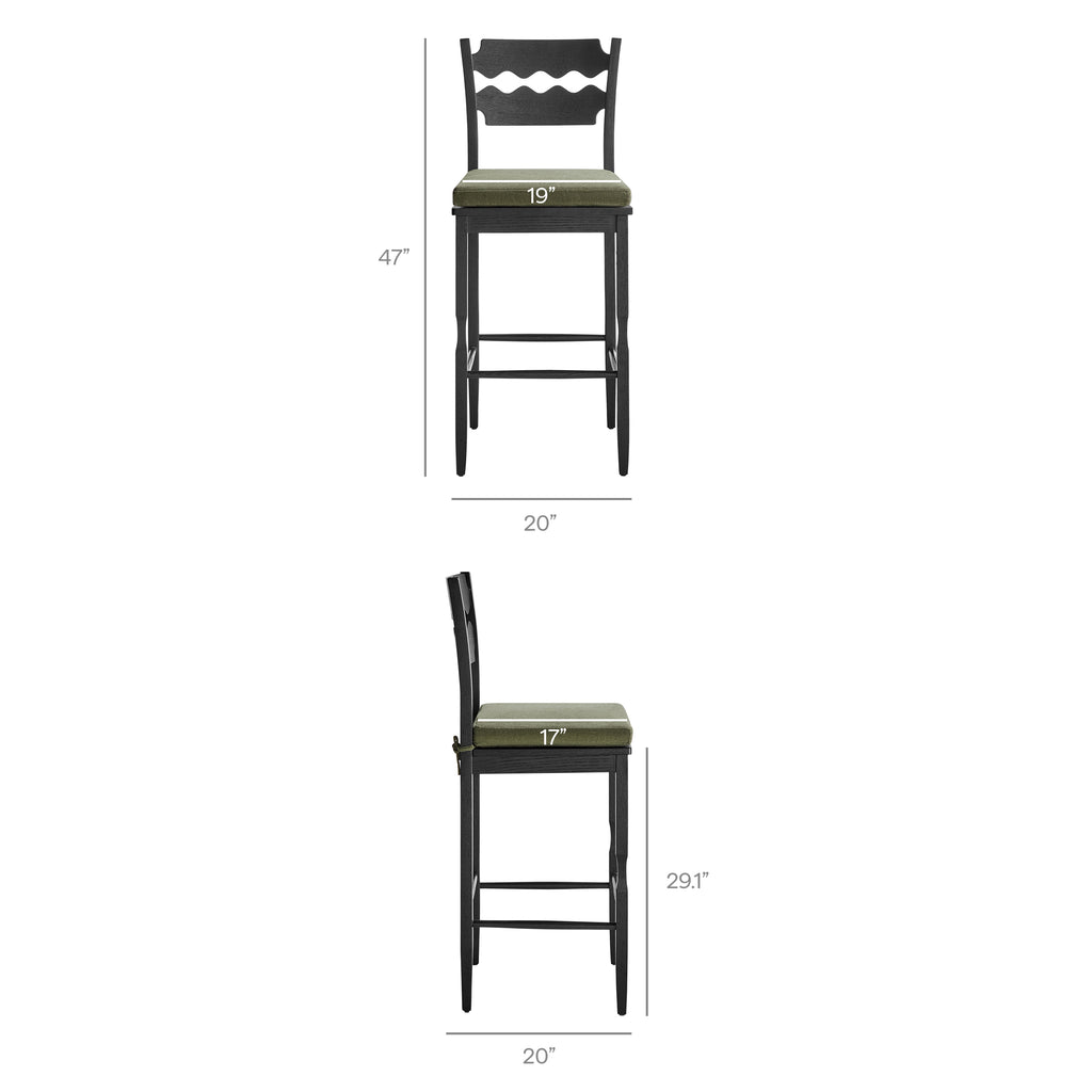 Jax Oak Wood Bar Stool With Wavy Razor Back and Cushion - Black Sage