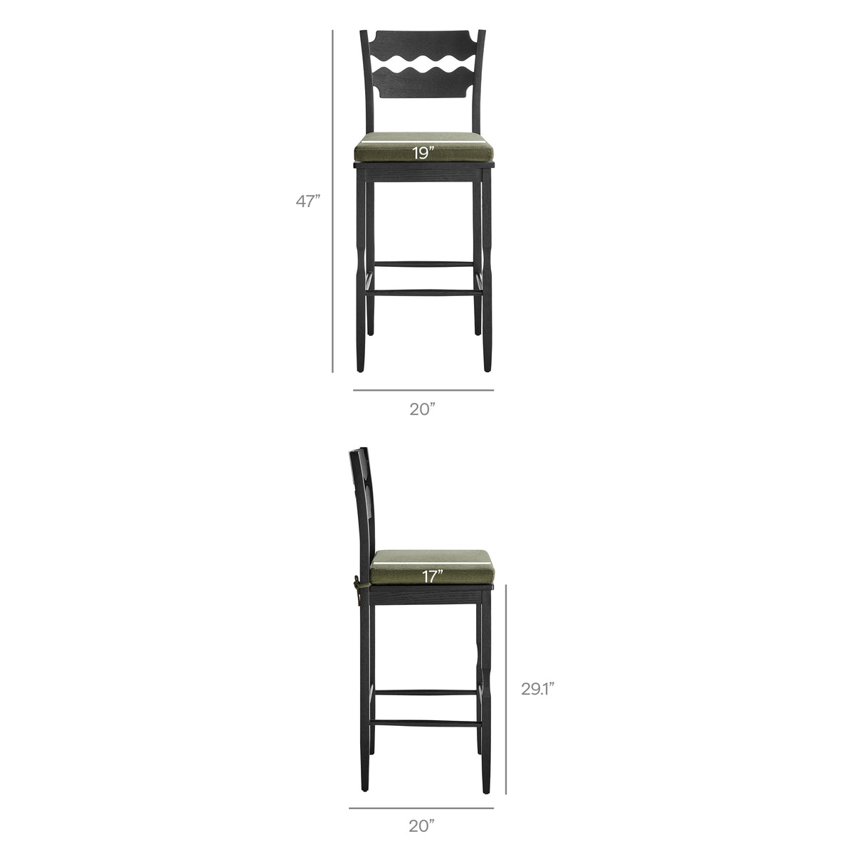 Jax Oak Wood Bar Stool With Wavy Razor Back and Cushion - Black Sage