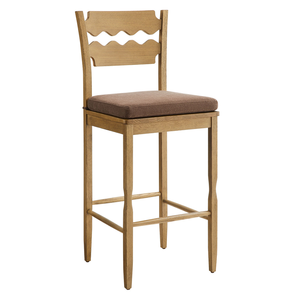 Jax Oak Wood Bar Stool With Wavy Razor Back and Cushion - Weathered Oak Cocoa