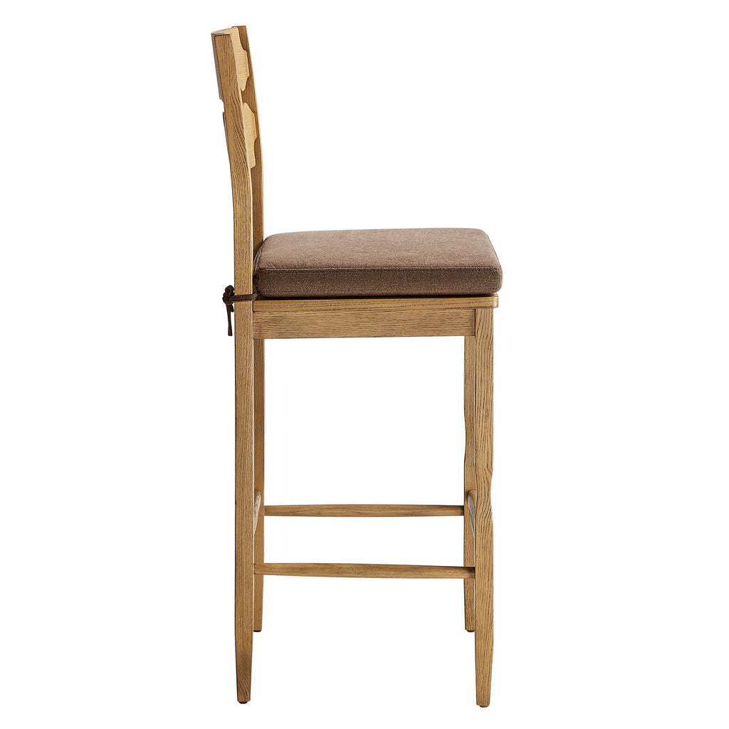 Jax Oak Wood Bar Stool With Wavy Razor Back and Cushion - Weathered Oak Cocoa