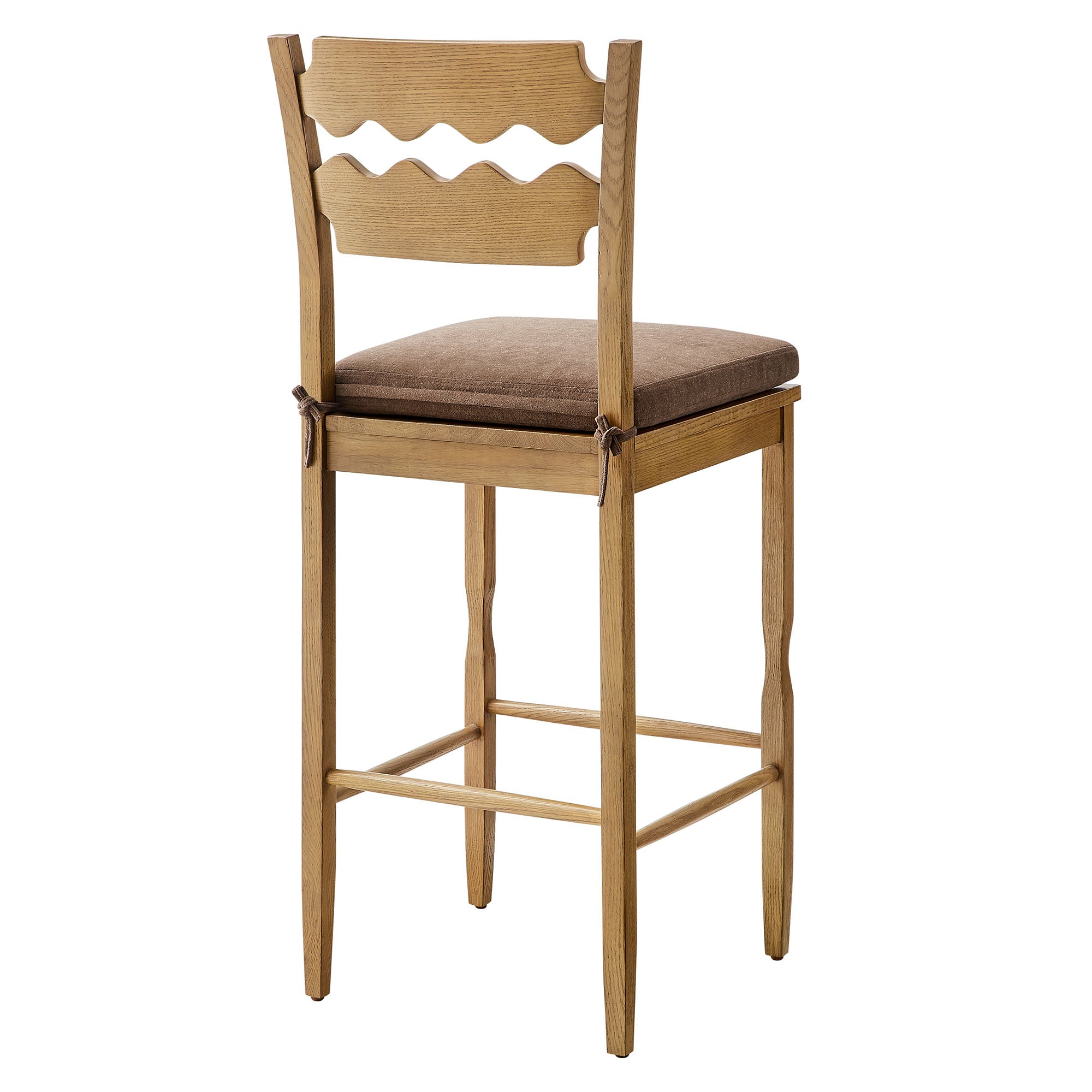 Jax Oak Wood Bar Stool With Wavy Razor Back and Cushion - Weathered Oak Cocoa