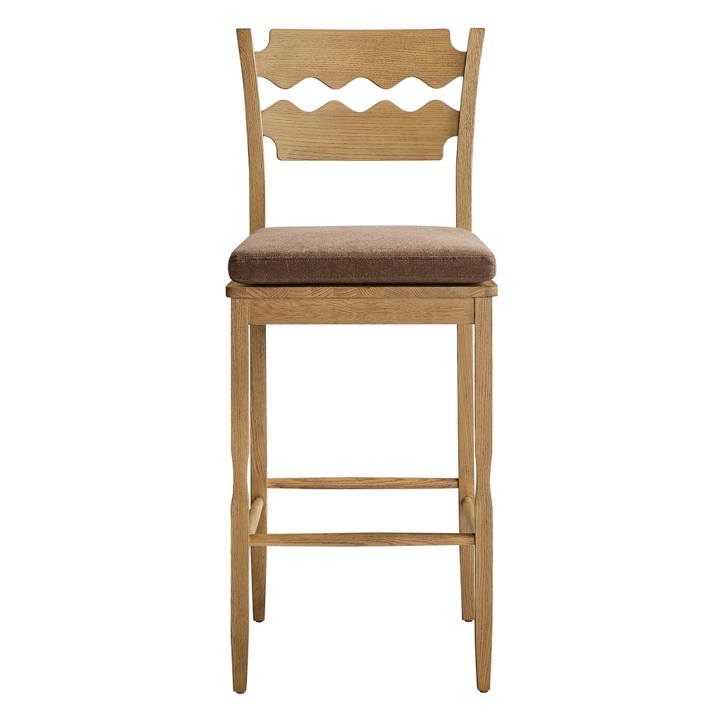 Jax Oak Wood Bar Stool With Wavy Razor Back and Cushion - Weathered Oak Cocoa