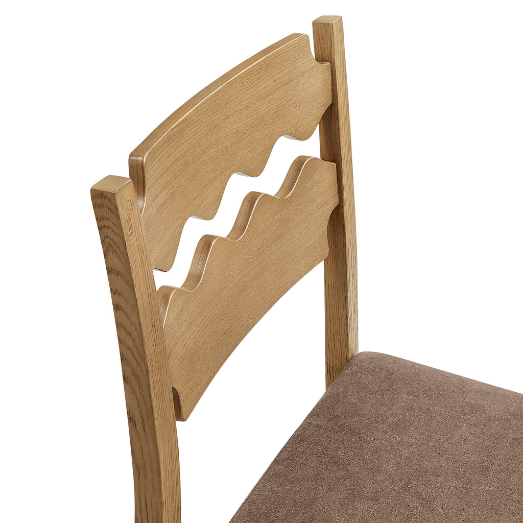 Jax Oak Wood Bar Stool With Wavy Razor Back and Cushion - Weathered Oak Cocoa