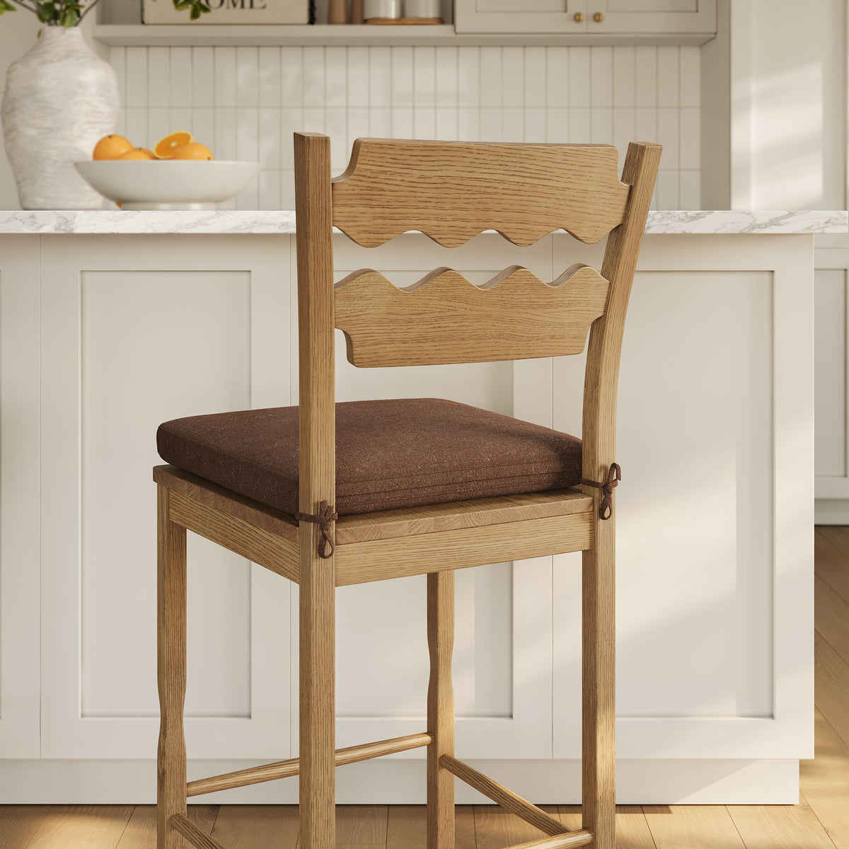 Jax Oak Wood Bar Stool With Wavy Razor Back and Cushion - Weathered Oak Cocoa