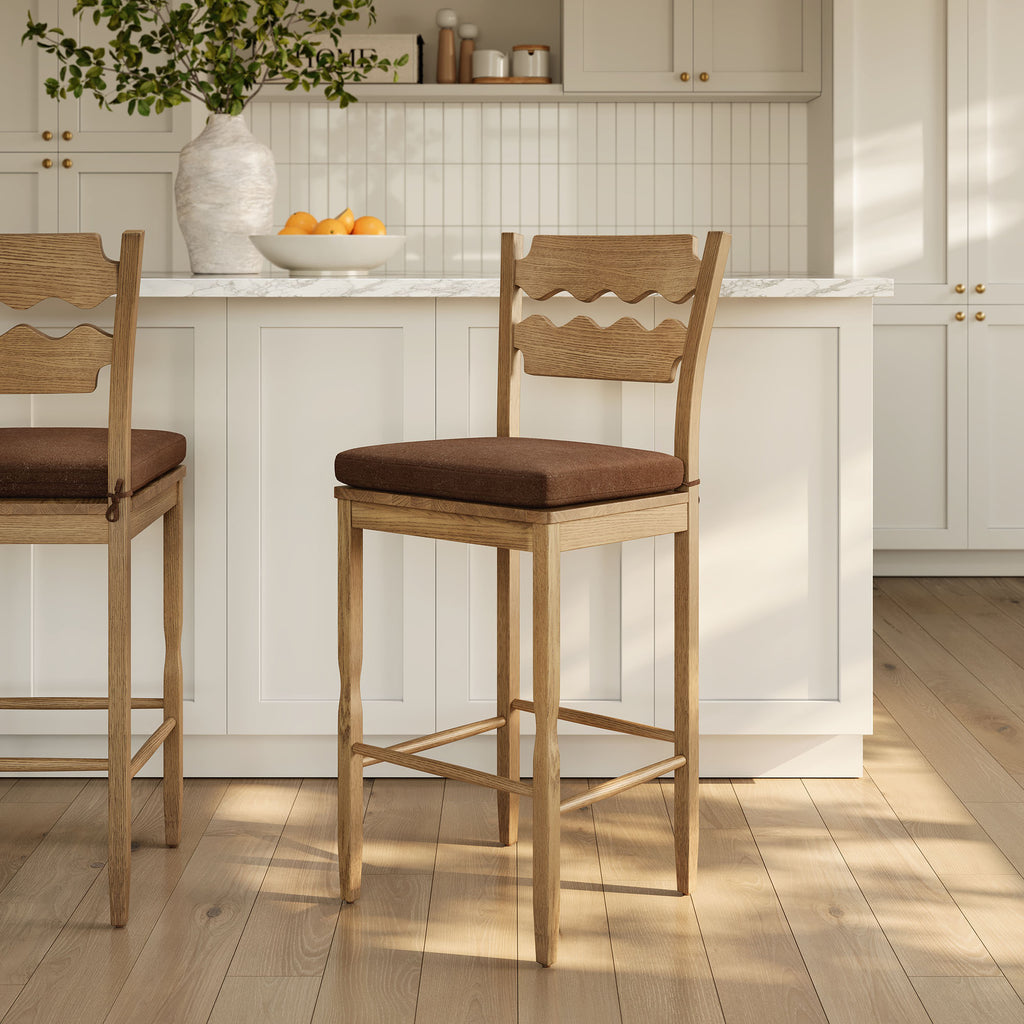 Jax Oak Wood Bar Stool With Wavy Razor Back and Cushion - Weathered Oak Cocoa