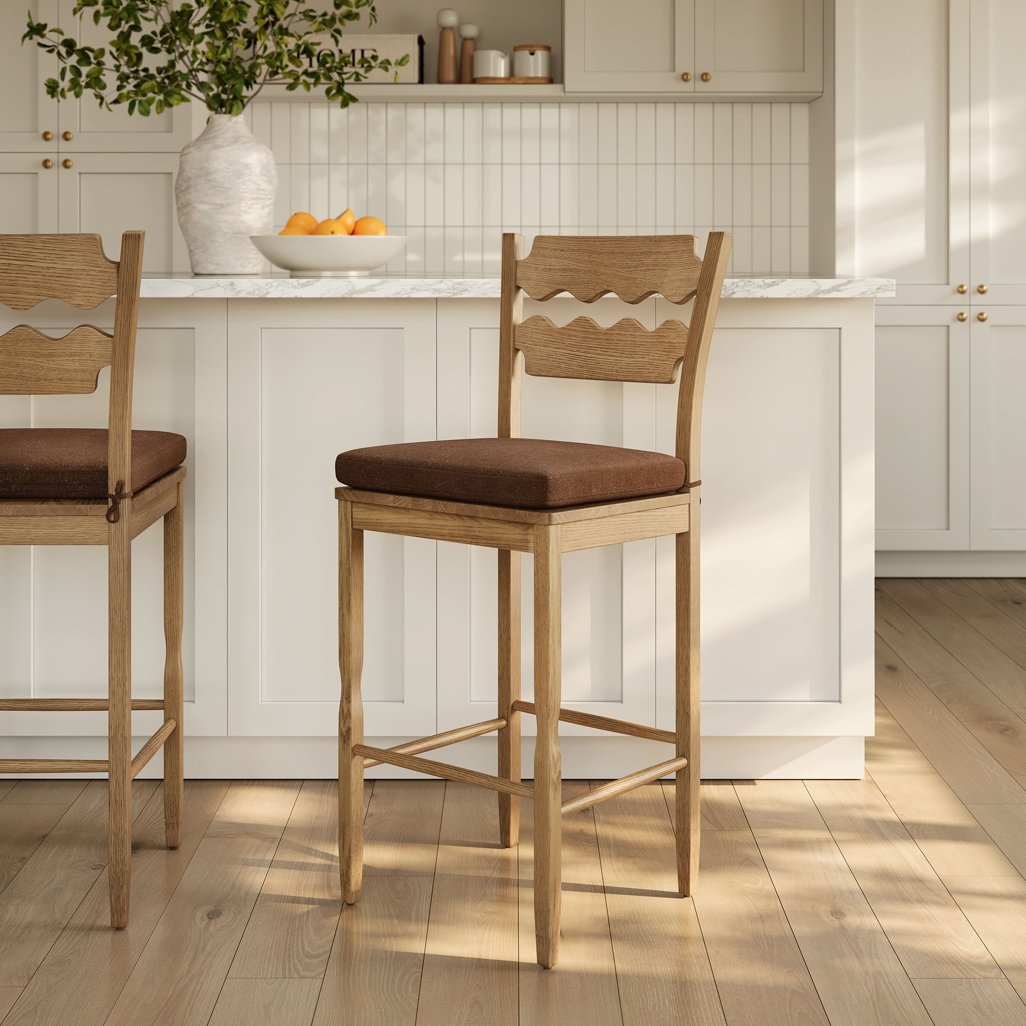 Jax Oak Wood Bar Stool With Wavy Razor Back and Cushion - Weathered Oak Cocoa