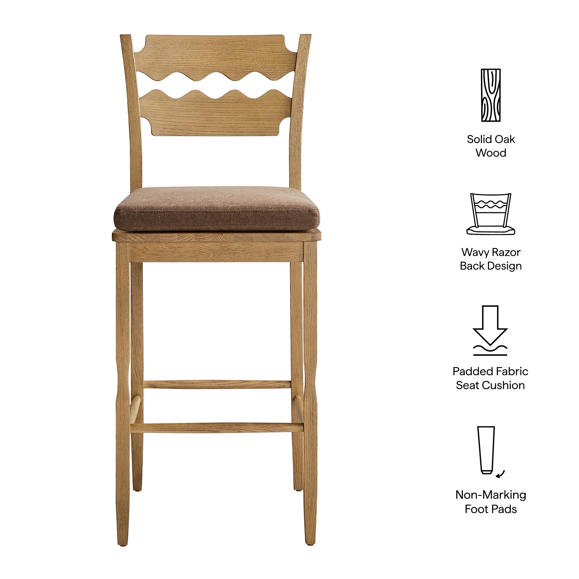 Jax Oak Wood Bar Stool With Wavy Razor Back and Cushion - Weathered Oak Cocoa
