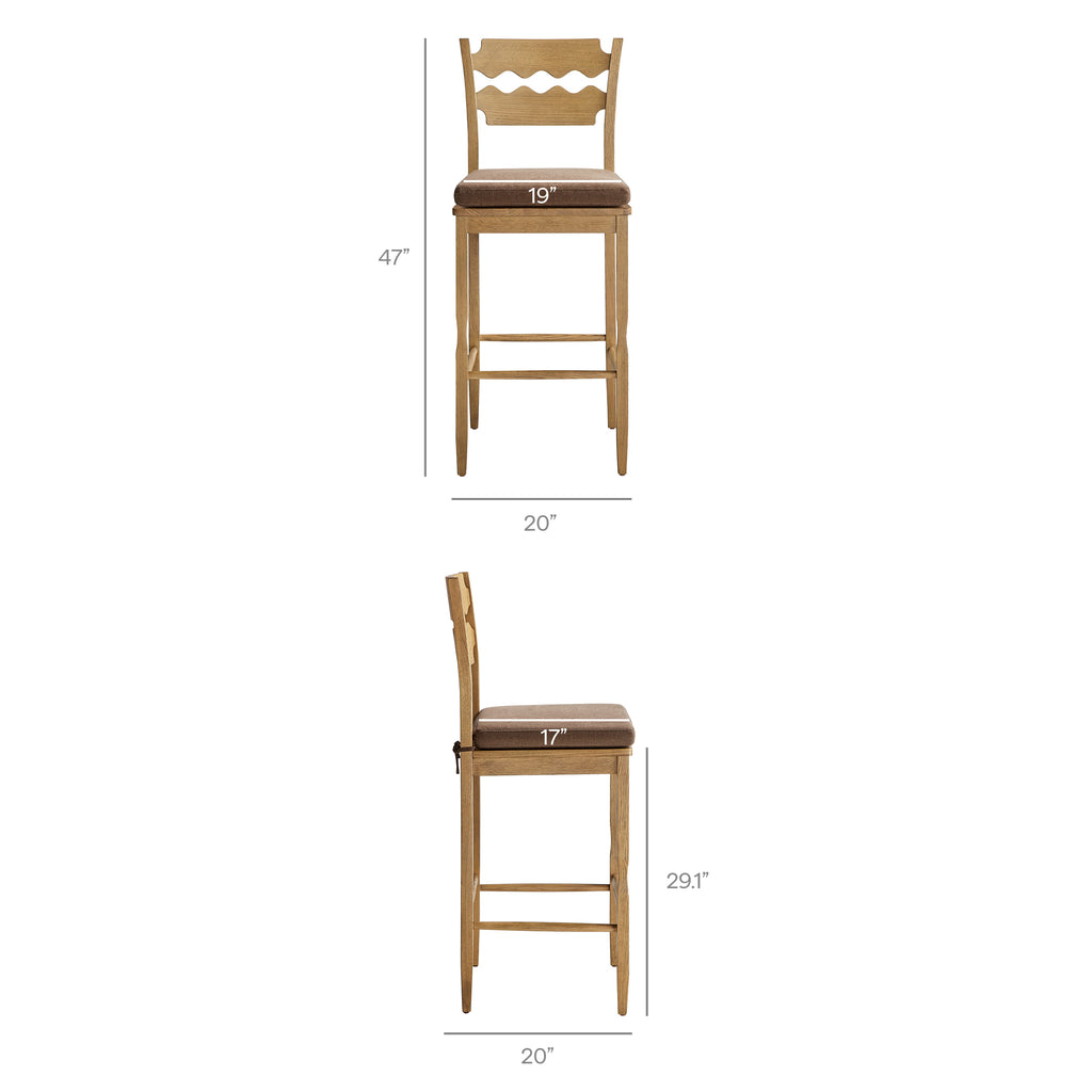 Jax Oak Wood Bar Stool With Wavy Razor Back and Cushion - Weathered Oak Cocoa