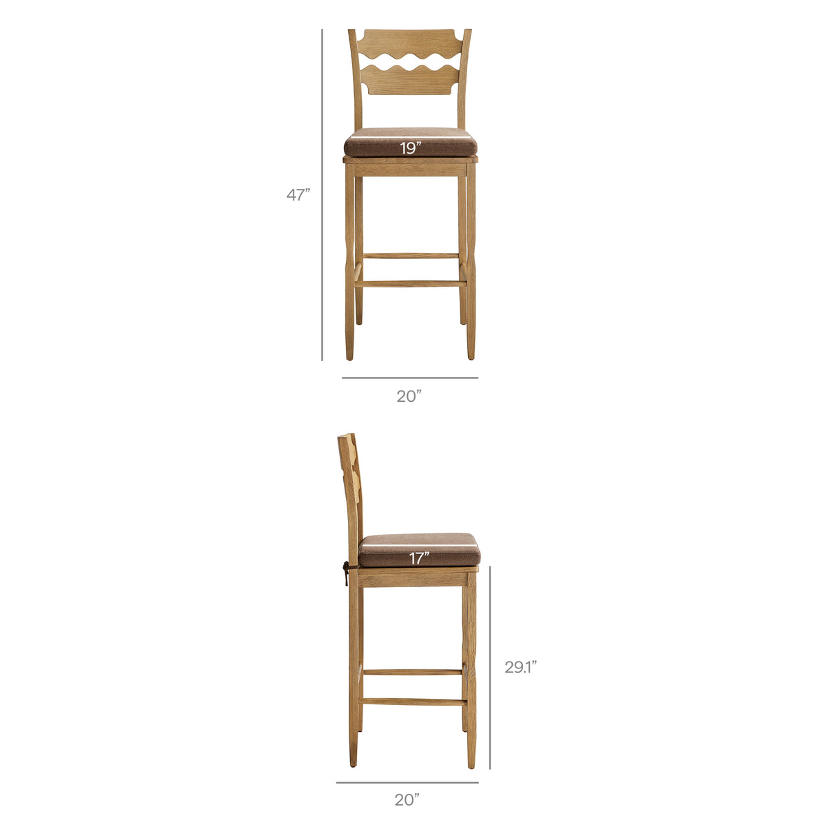 Jax Oak Wood Bar Stool With Wavy Razor Back and Cushion - Weathered Oak Cocoa