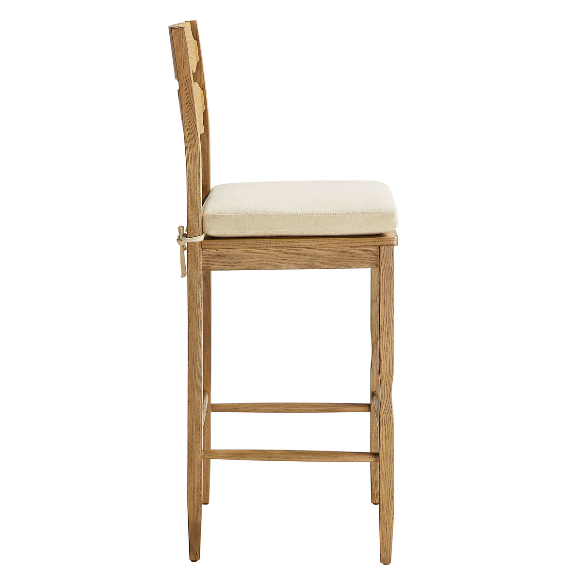 Jax Oak Wood Bar Stool With Wavy Razor Back and Cushion - Weathered Oak Linen