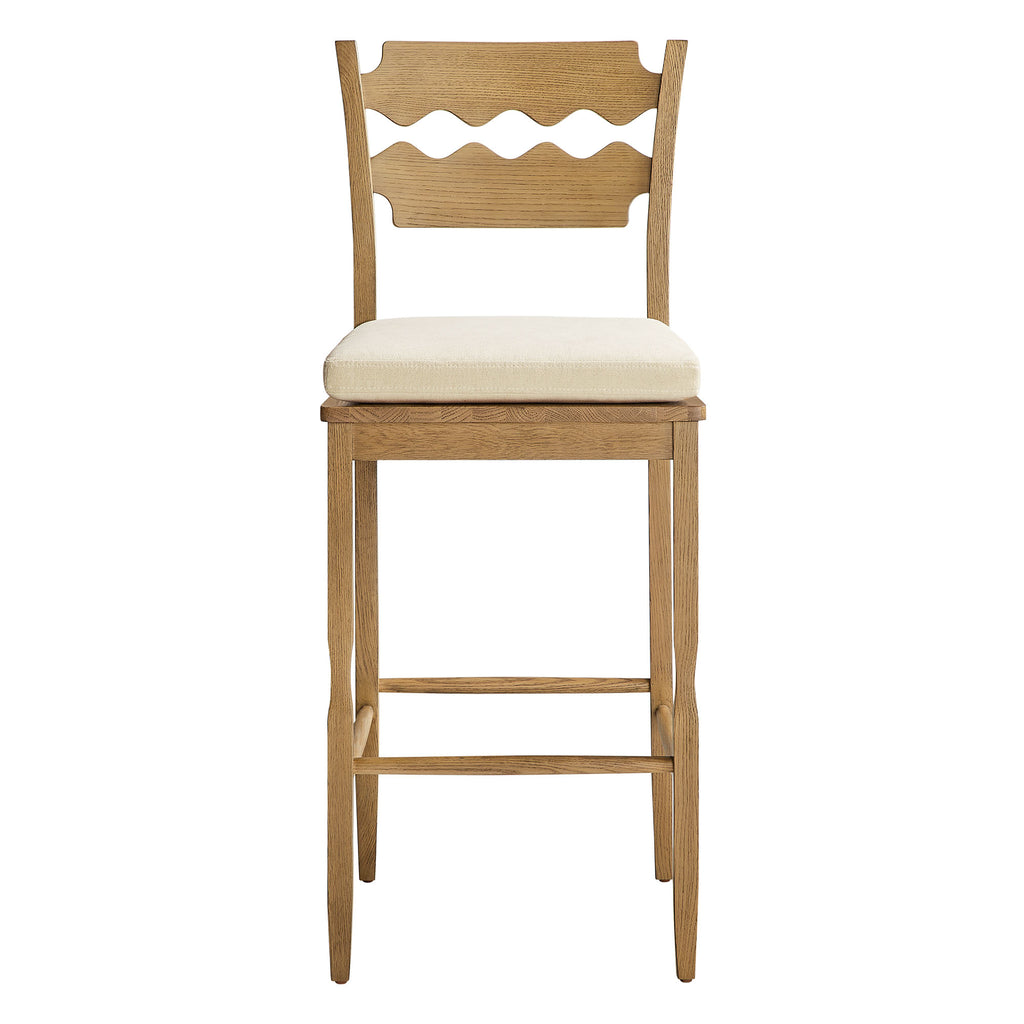 Jax Oak Wood Bar Stool With Wavy Razor Back and Cushion - Weathered Oak Linen