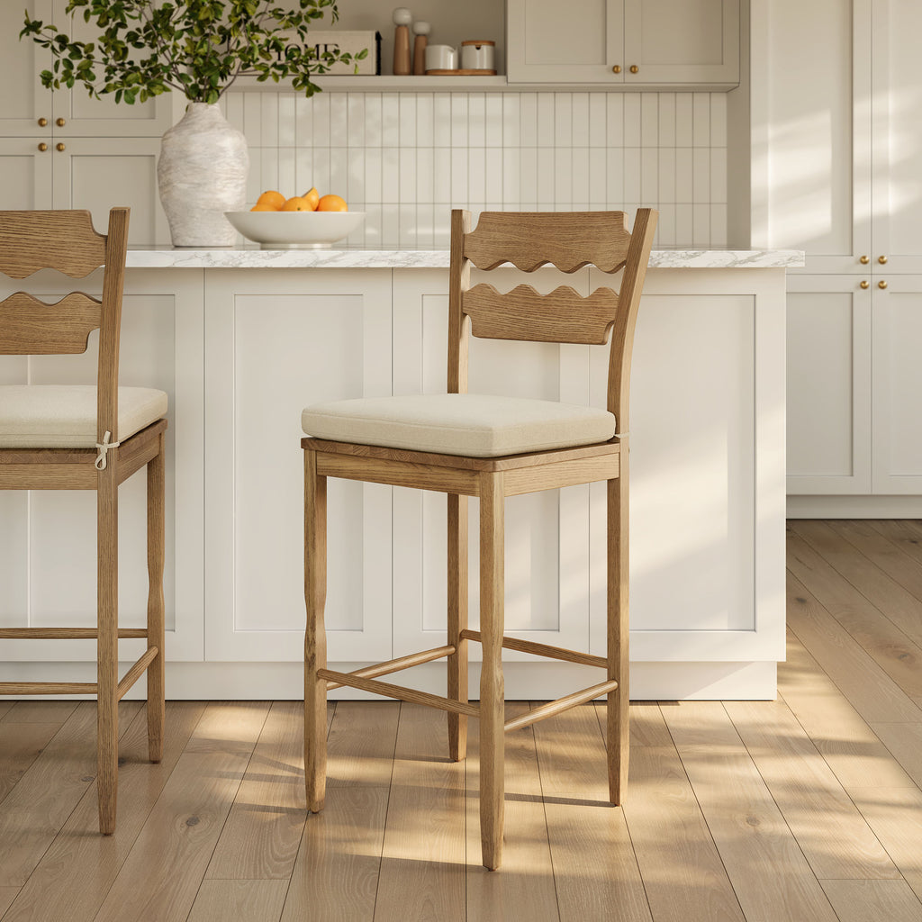 Jax Oak Wood Bar Stool With Wavy Razor Back and Cushion - Weathered Oak Linen