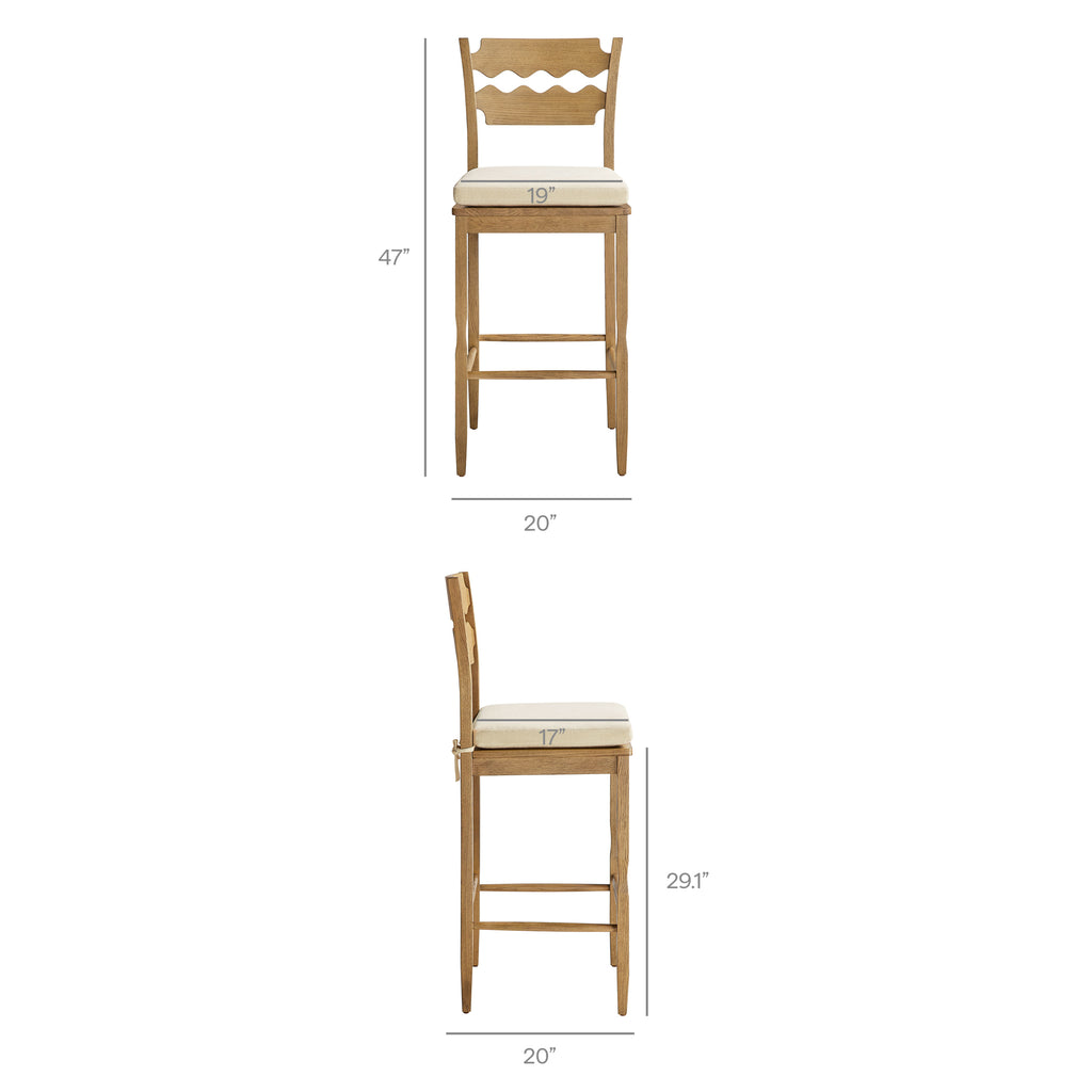 Jax Oak Wood Bar Stool With Wavy Razor Back and Cushion - Weathered Oak Linen