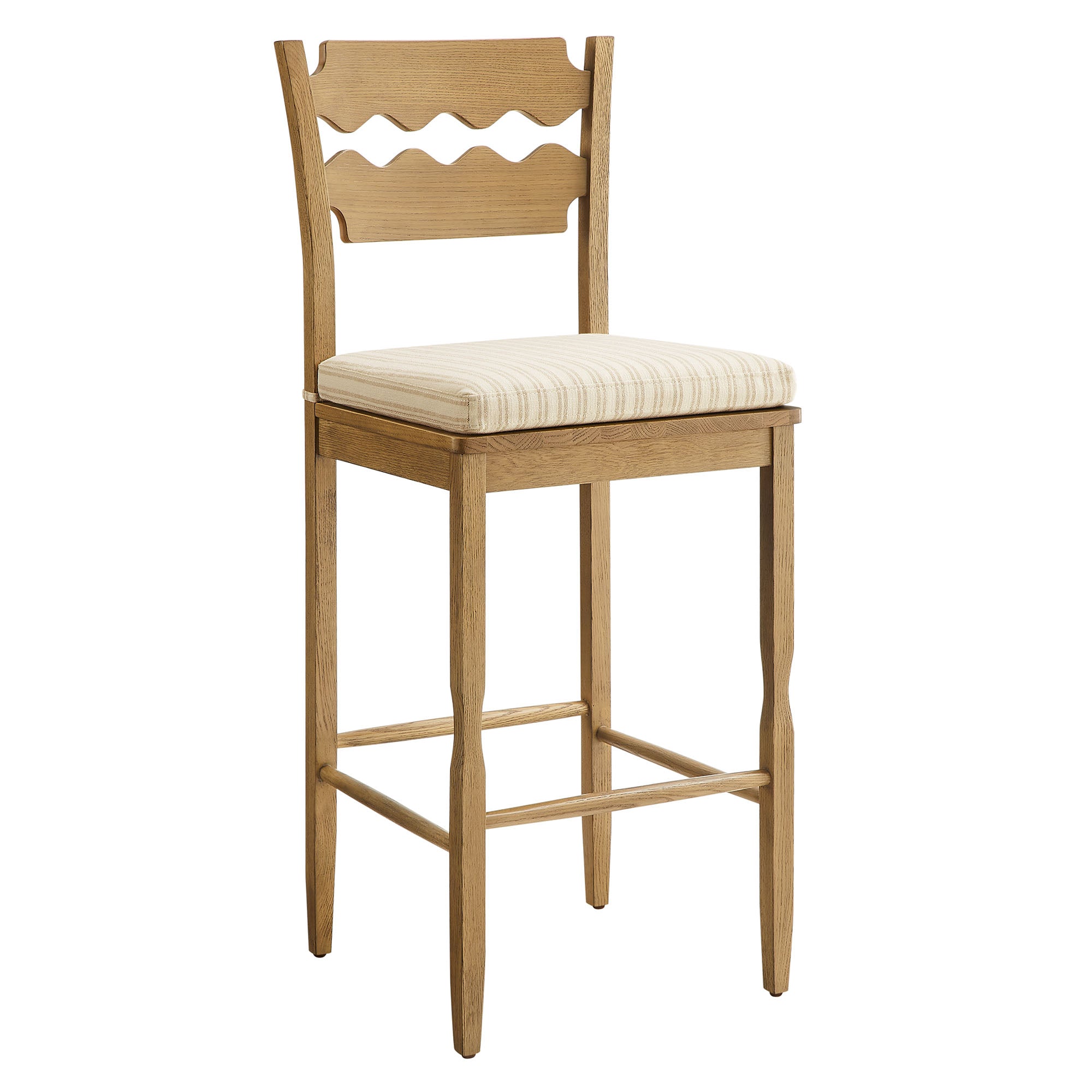 Jax Oak Wood Bar Stool With Wavy Razor Back and Cushion - Weathered Oak Oatmeal Stripe