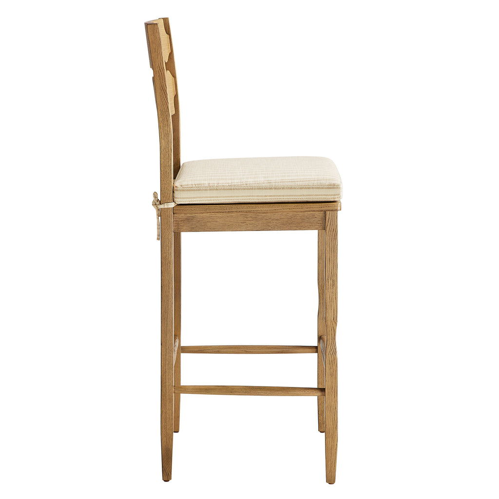 Jax Oak Wood Bar Stool With Wavy Razor Back and Cushion - Weathered Oak Oatmeal Stripe
