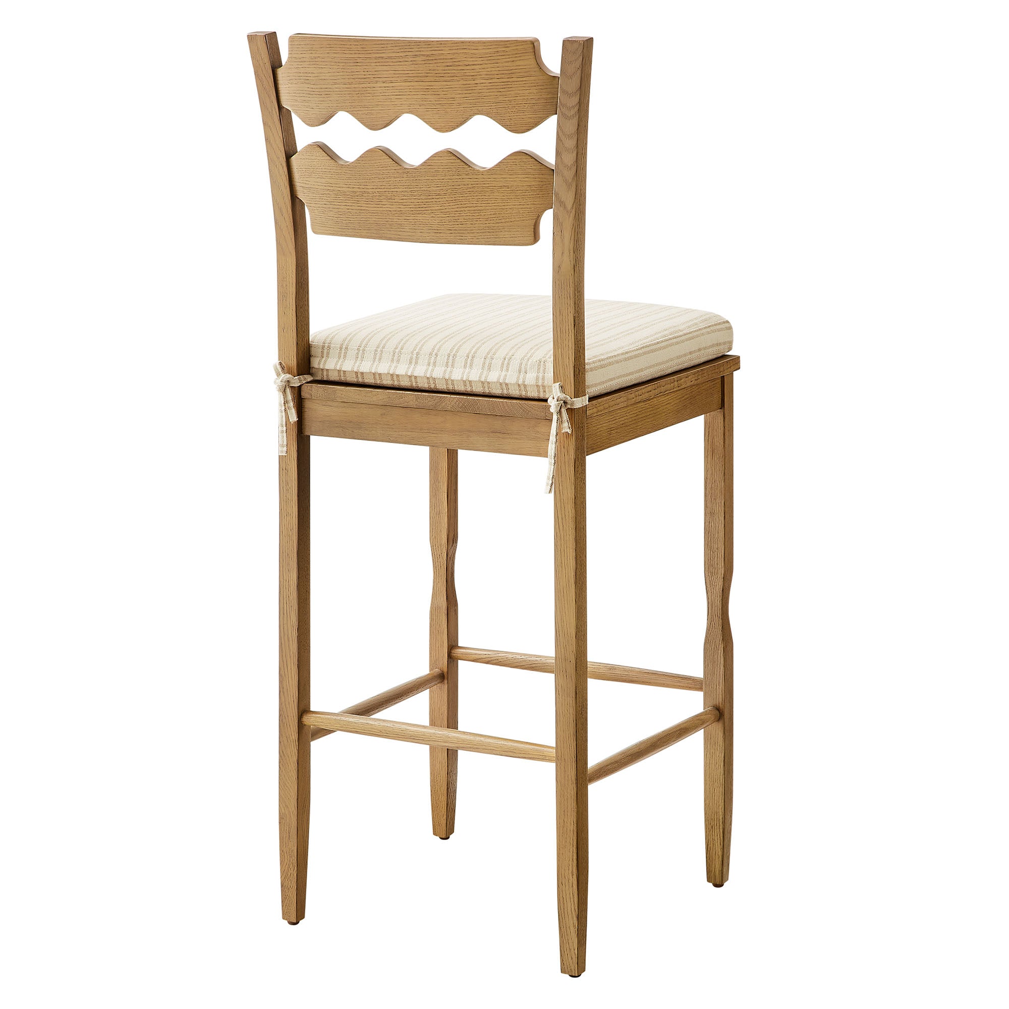 Jax Oak Wood Bar Stool With Wavy Razor Back and Cushion - Weathered Oak Oatmeal Stripe