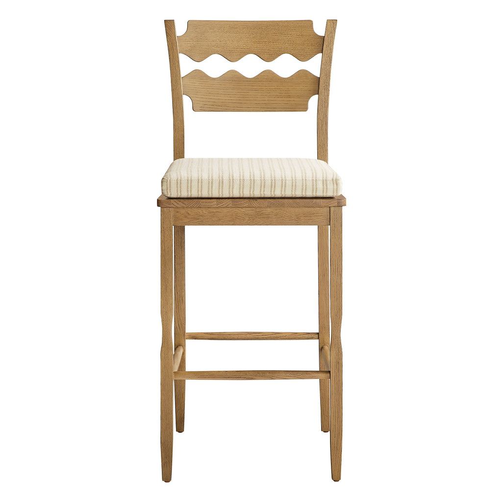 Jax Oak Wood Bar Stool With Wavy Razor Back and Cushion - Weathered Oak Oatmeal Stripe