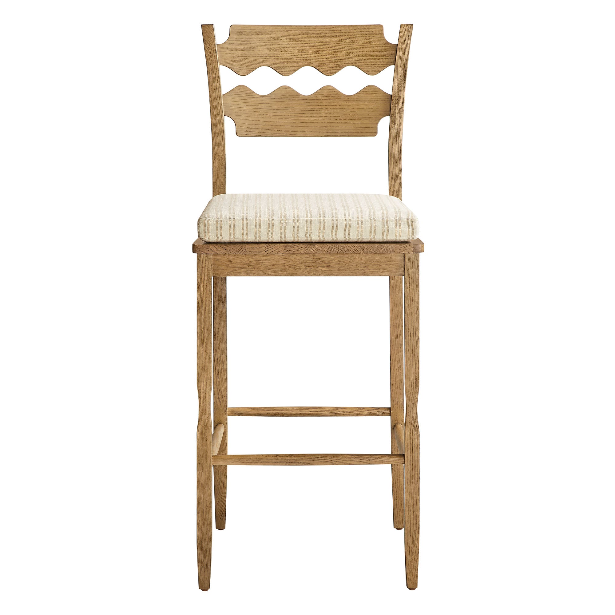 Jax Oak Wood Bar Stool With Wavy Razor Back and Cushion - Weathered Oak Oatmeal Stripe