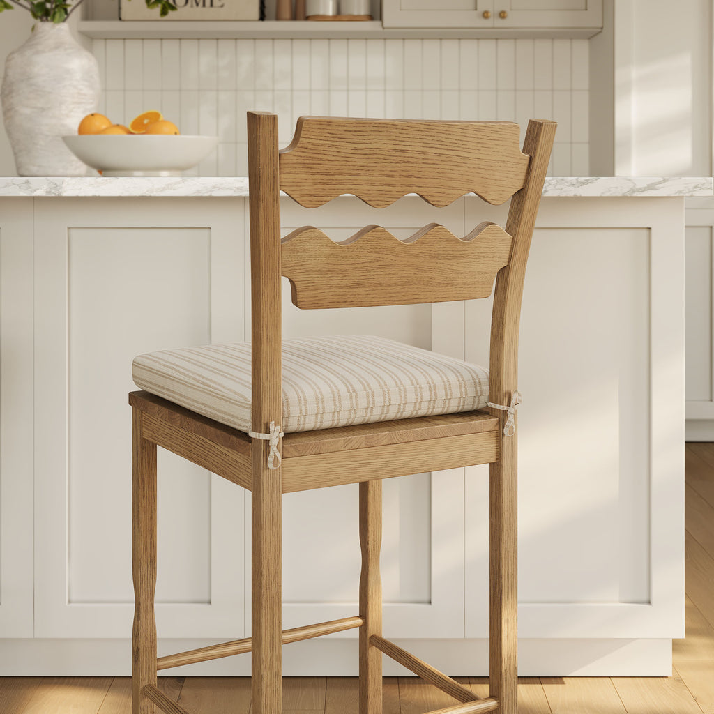 Jax Oak Wood Bar Stool With Wavy Razor Back and Cushion - Weathered Oak Oatmeal Stripe