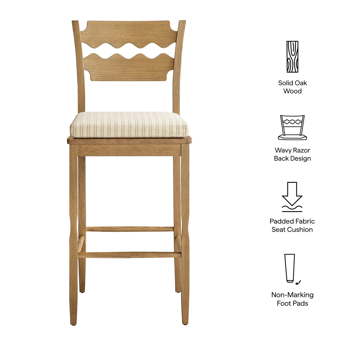 Jax Oak Wood Bar Stool With Wavy Razor Back and Cushion - Weathered Oak Oatmeal Stripe