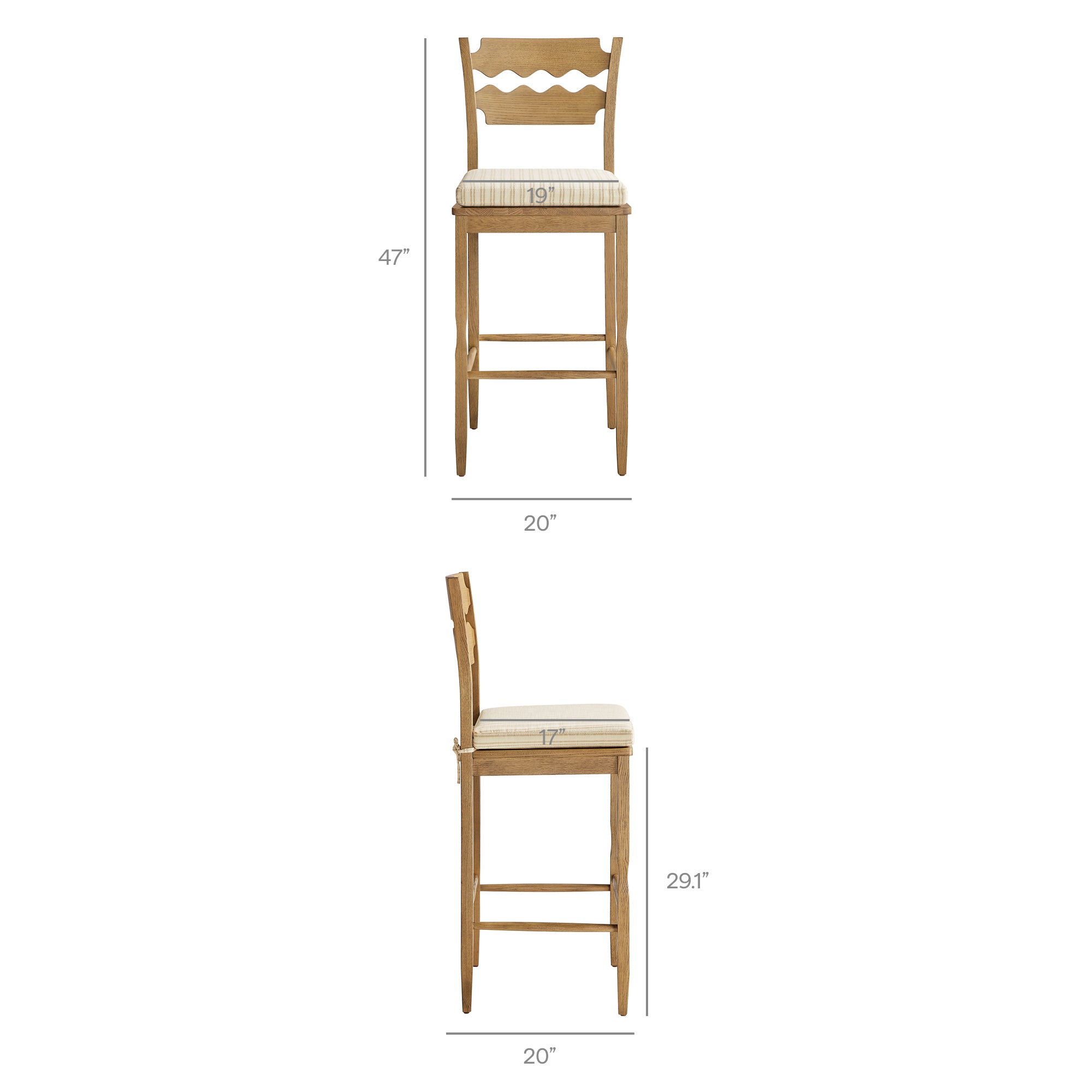 Jax Oak Wood Bar Stool With Wavy Razor Back and Cushion - Weathered Oak Oatmeal Stripe