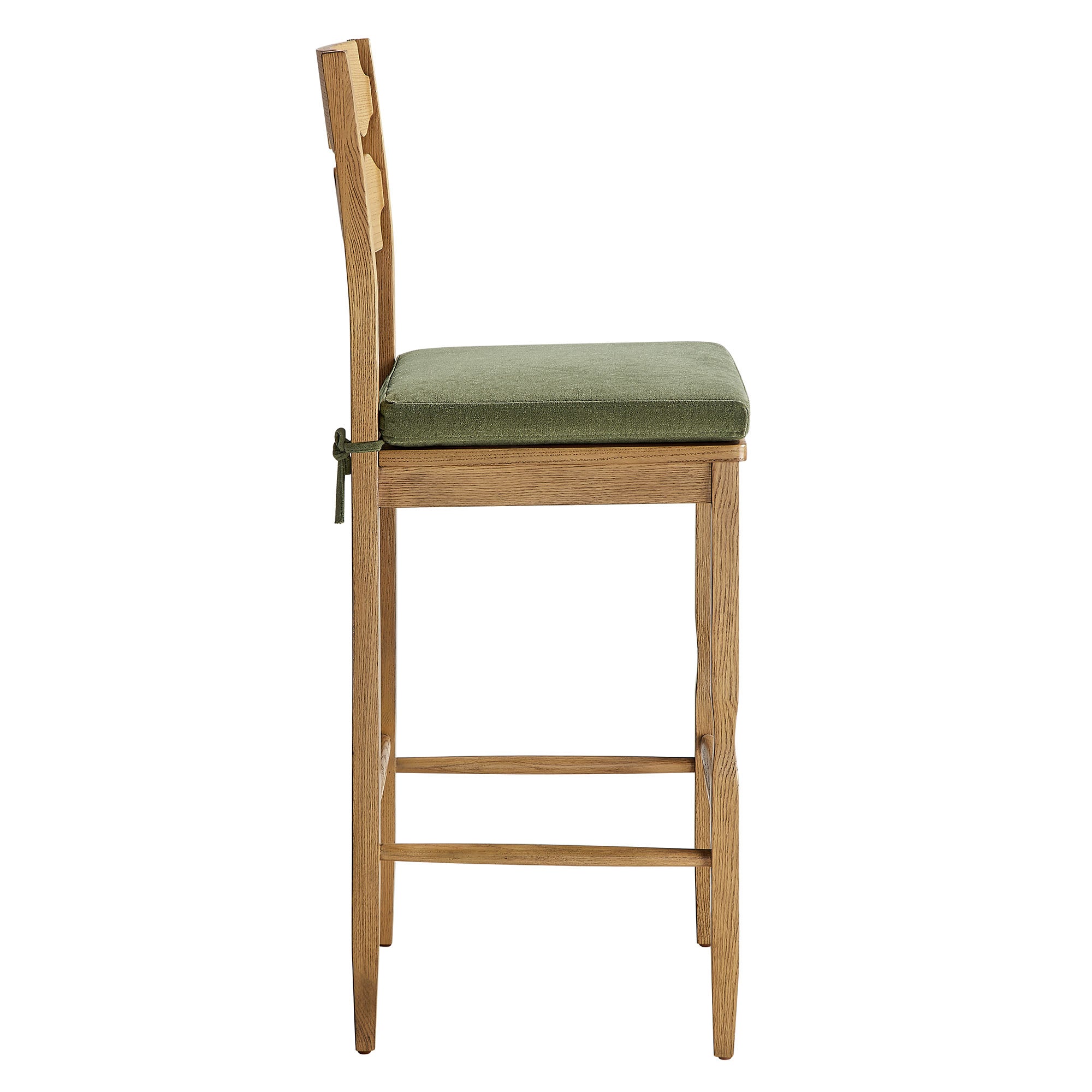 Jax Oak Wood Bar Stool With Wavy Razor Back and Cushion - Weathered Oak Sage