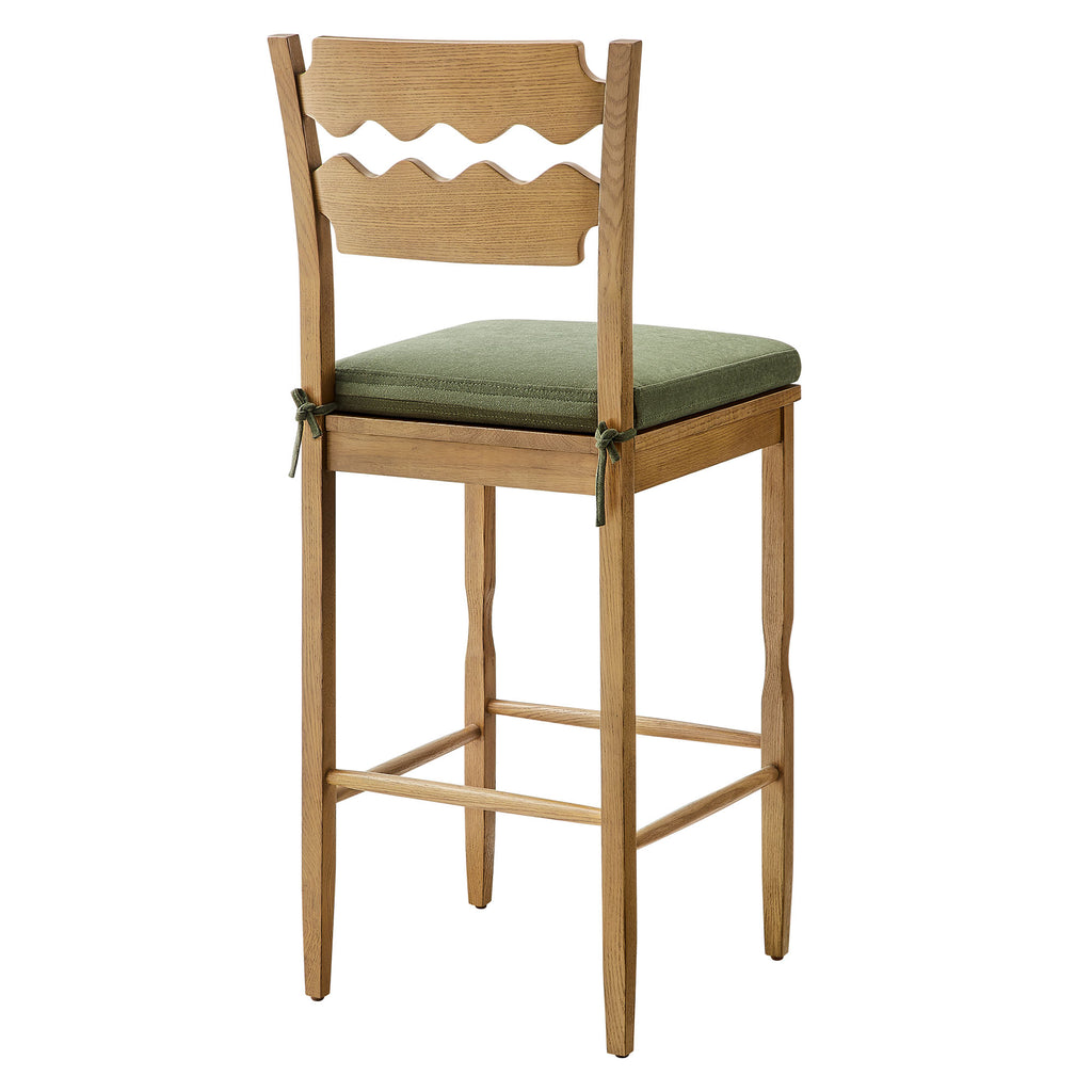 Jax Oak Wood Bar Stool With Wavy Razor Back and Cushion - Weathered Oak Sage